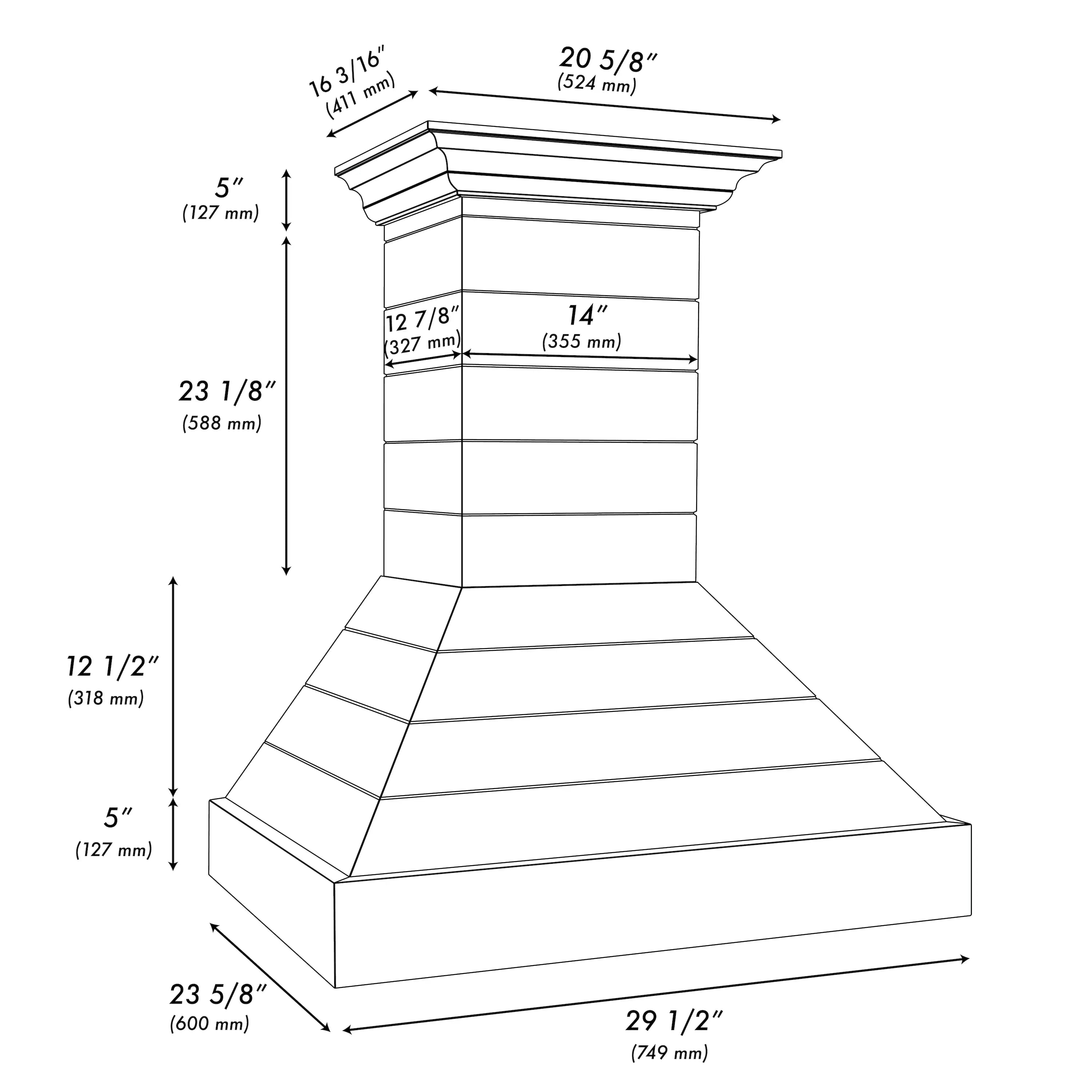 Wall mount range hood dimensional diagram with measurements
