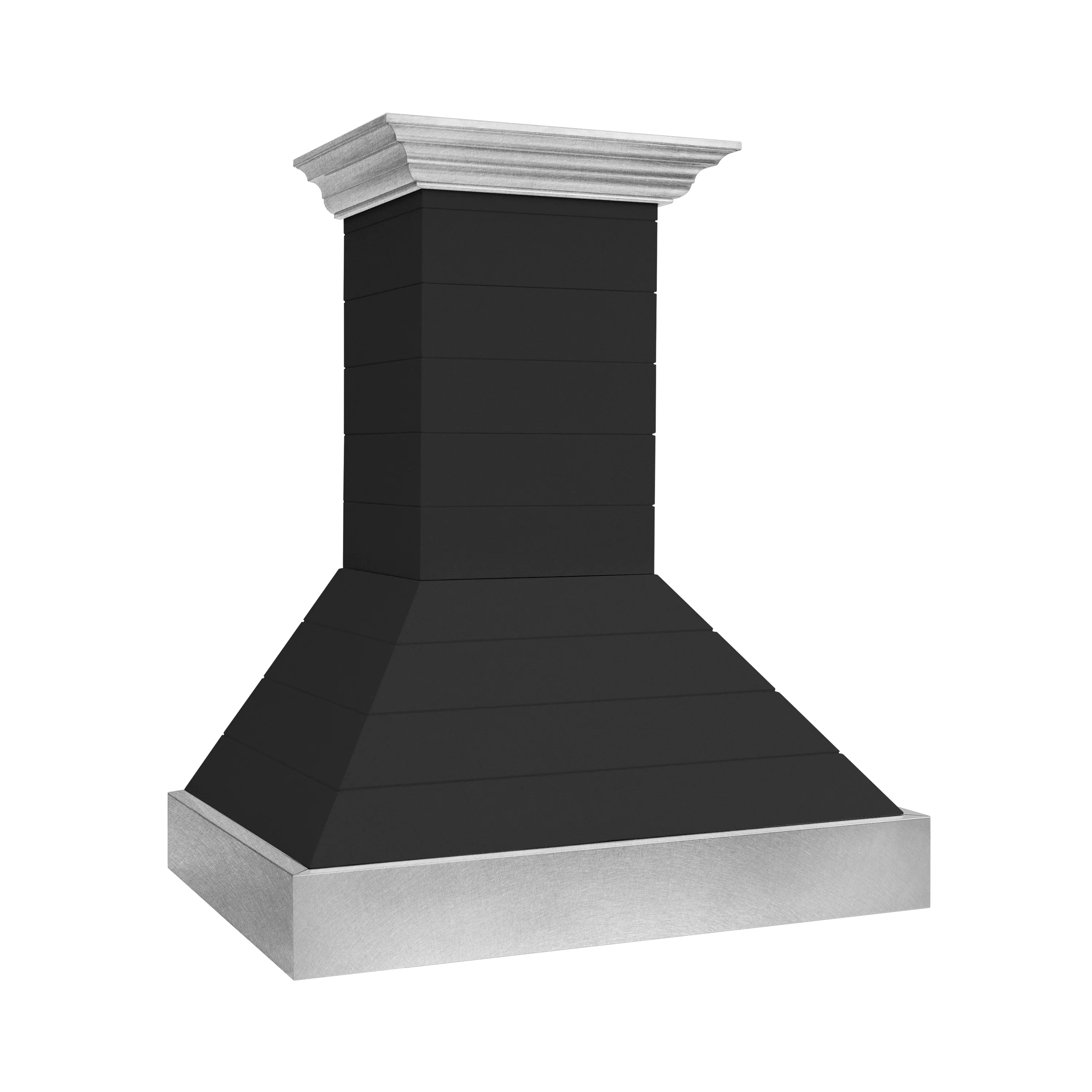 Black wall-mounted range hood with stainless base and flared canopy