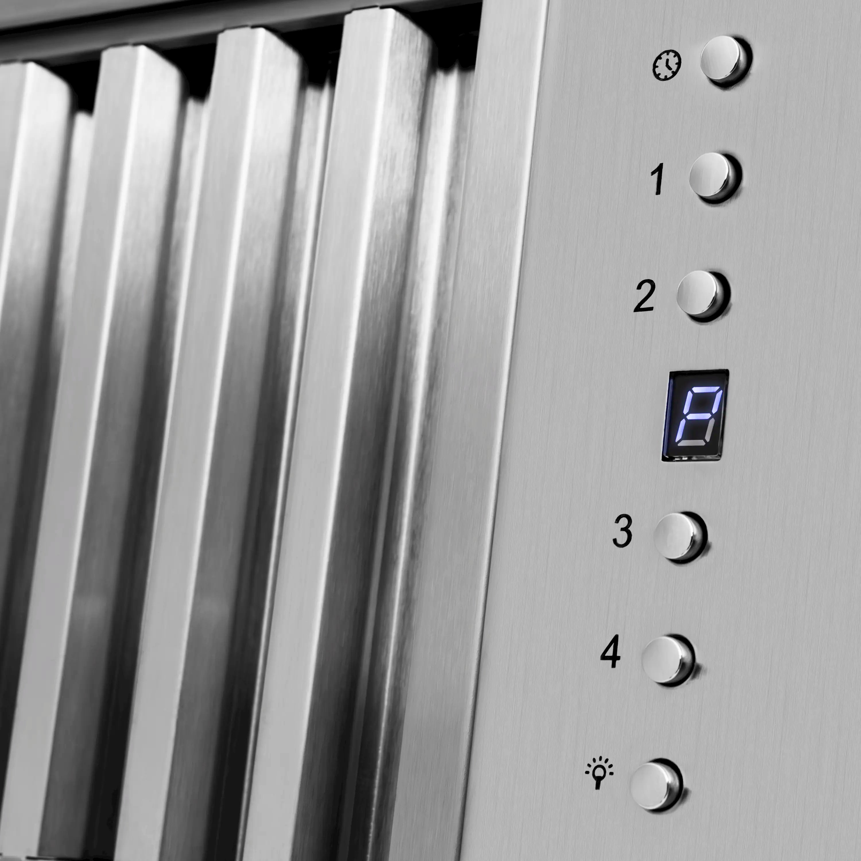 Stainless steel range hood control panel with LED display and numbered buttons