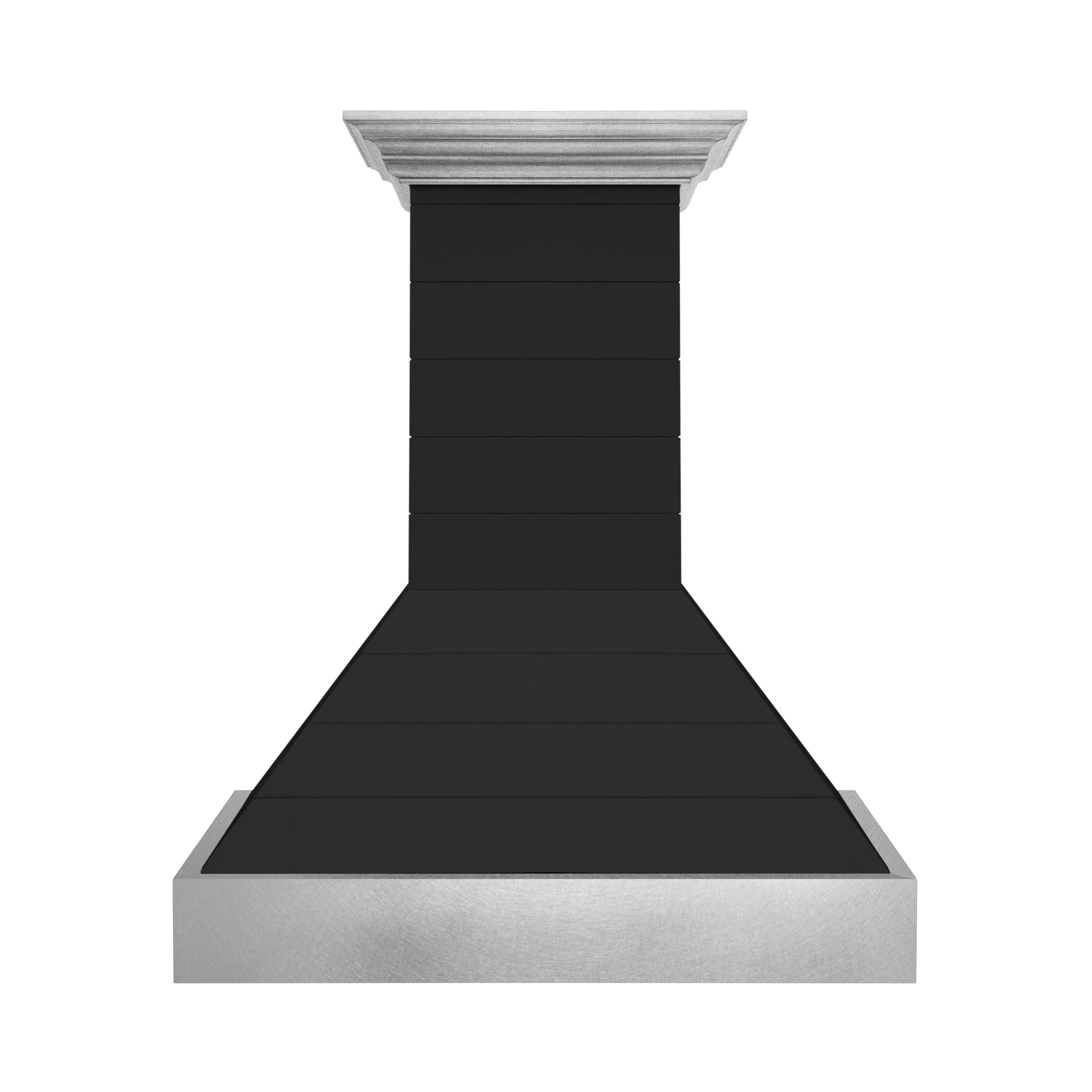 Black wall-mounted range hood with stainless canopy and chimney top