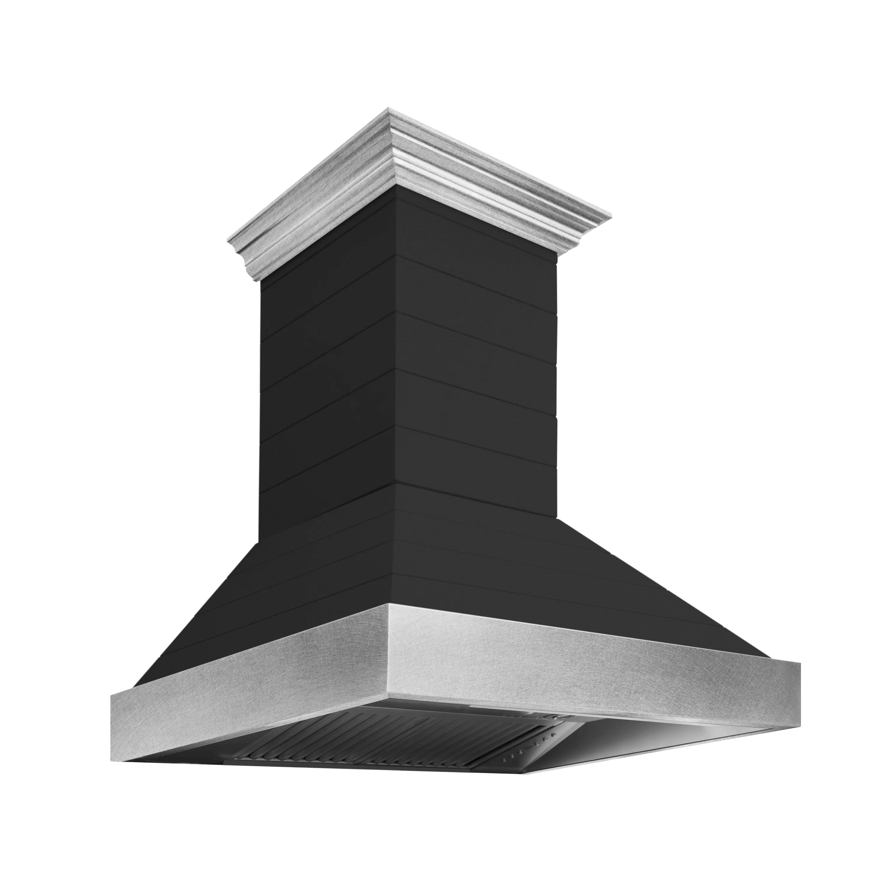 Black wall-mounted range hood with gray stainless chimney trim and flared canopy