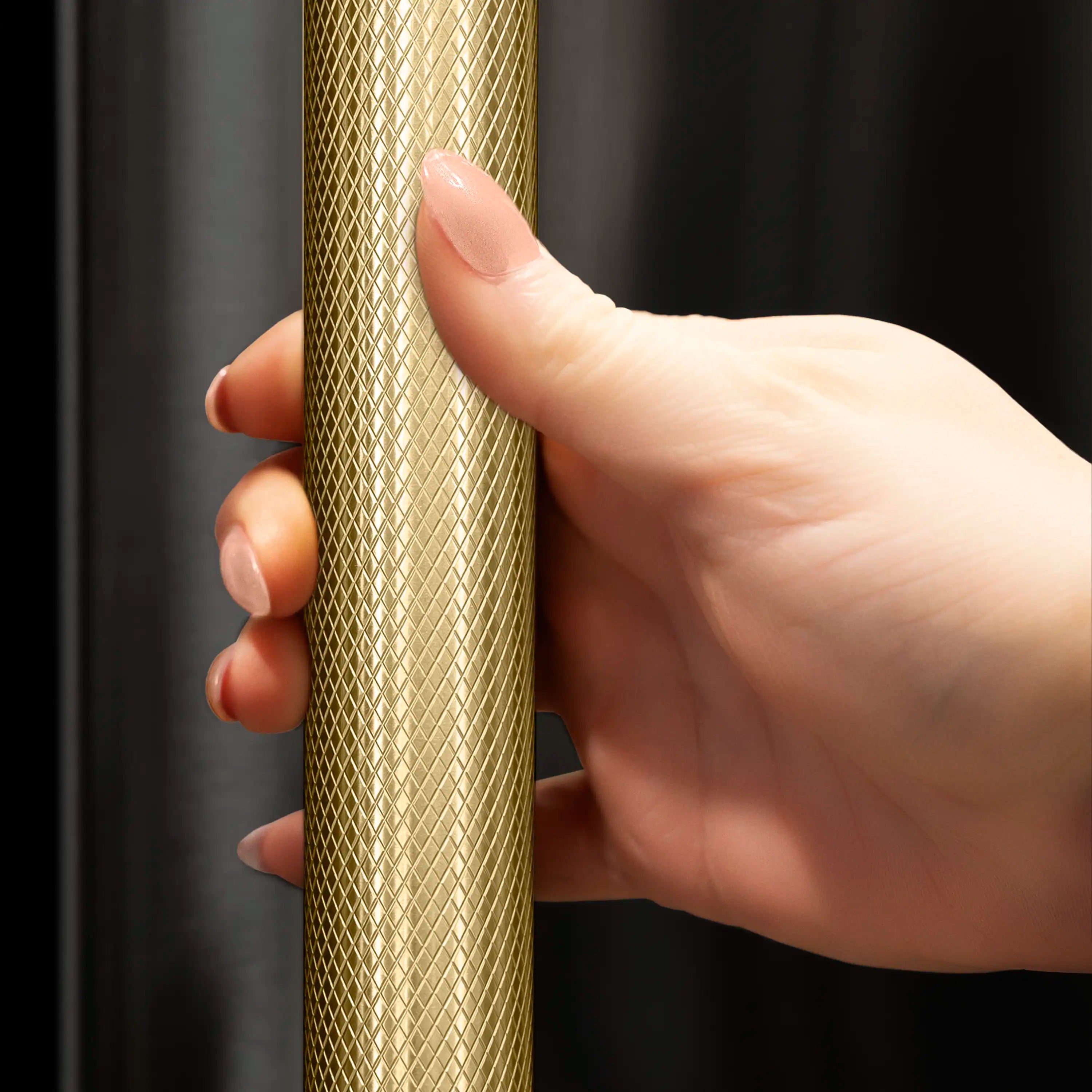 French door refrigerator hinge handle, bronze helix pull detail