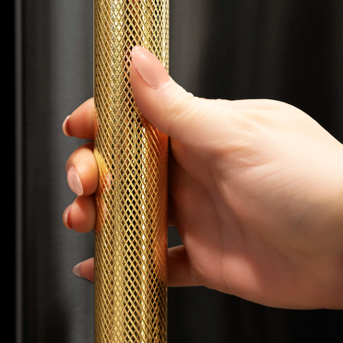Built-in refrigerator gold helix handle close-up on dark stainless door
