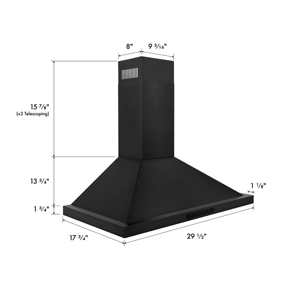 ZLINE 30-inch black stainless steel wall mount range hood, dimensions diagram