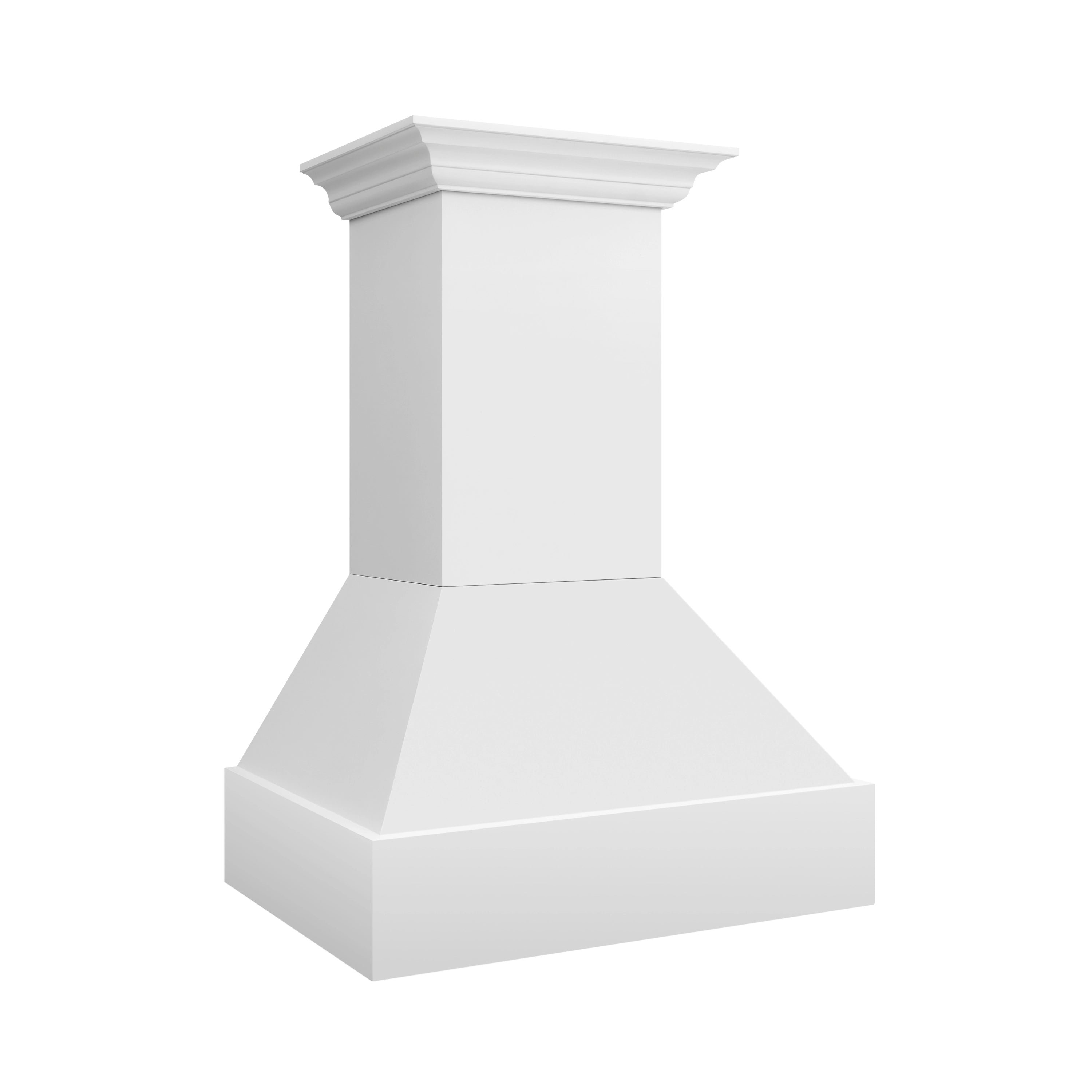 Bright white chimney-style wall mount range hood with flared base and crown trim