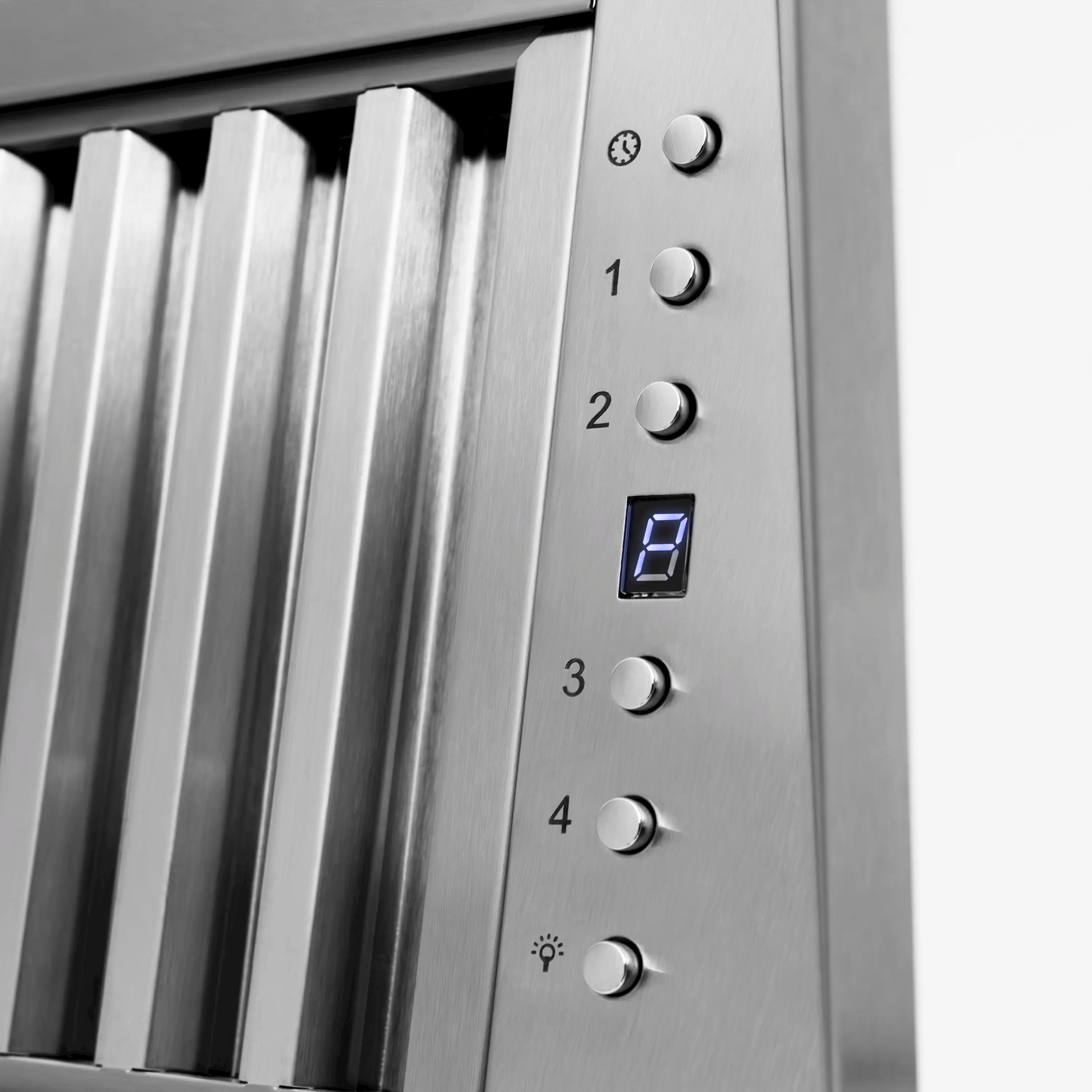 Stainless range hood control panel with buttons and digital LED display