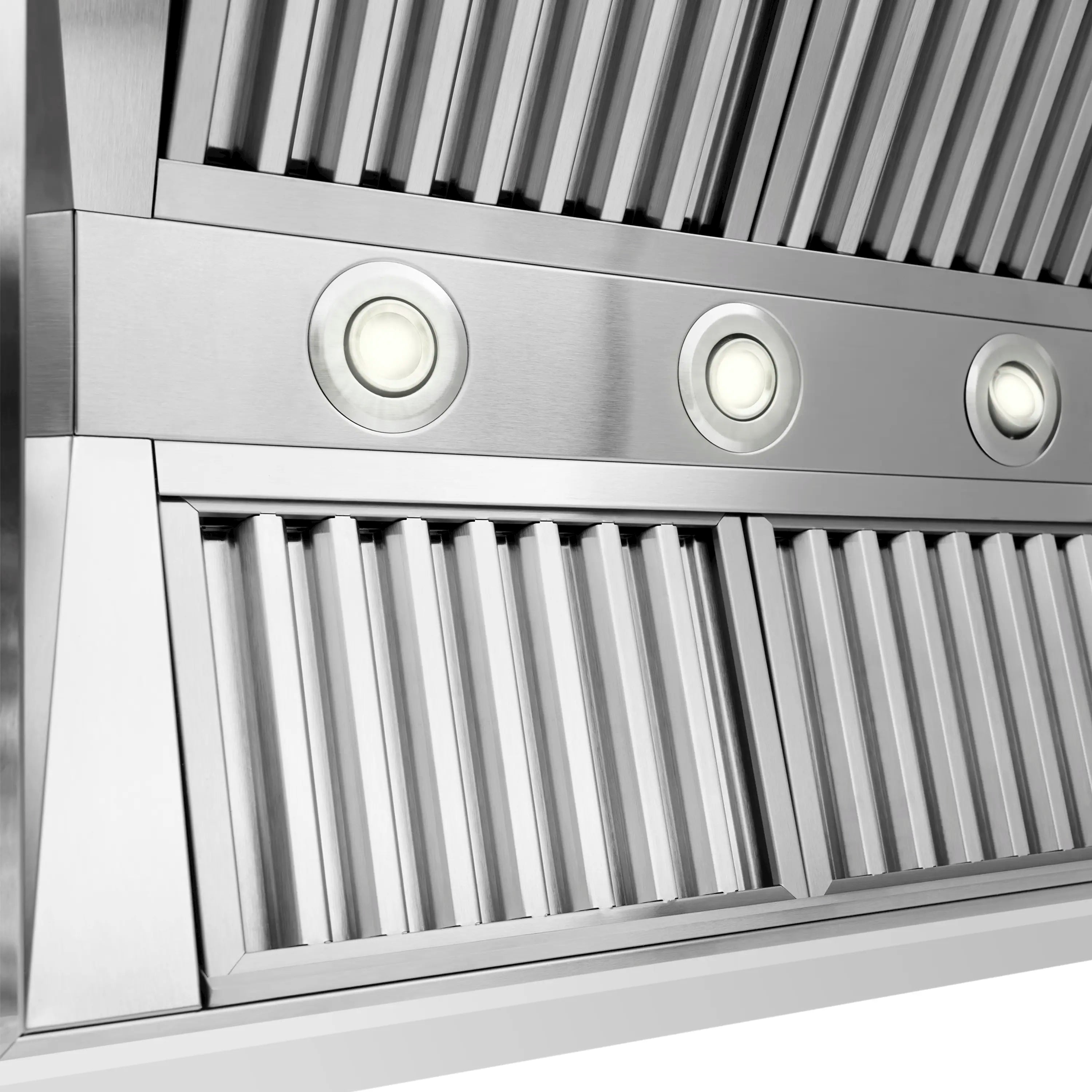 Wall mount range hood with stainless baffle filters and three round LED light lenses