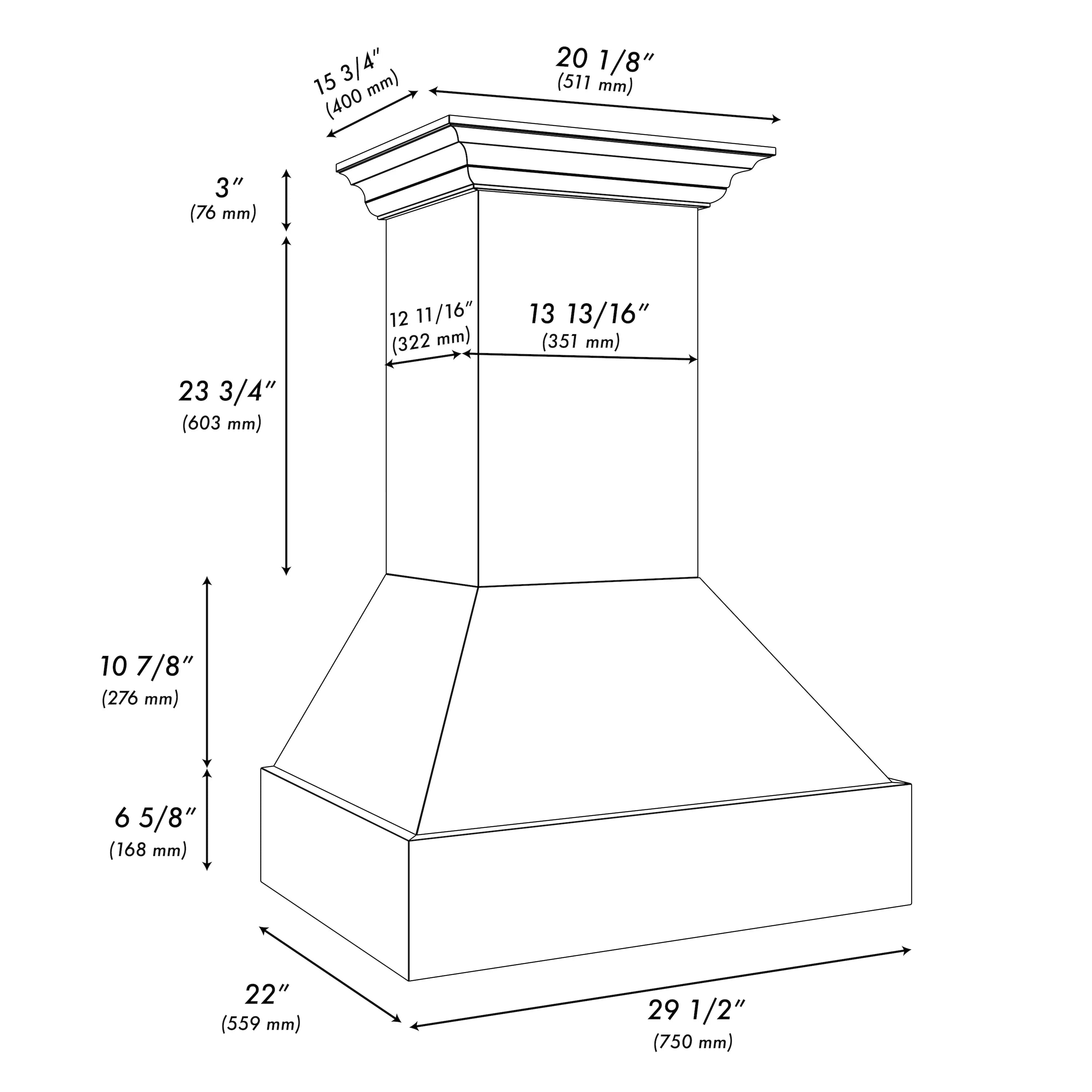 Wall mount range hood dimension diagram showing chimney-style body outline