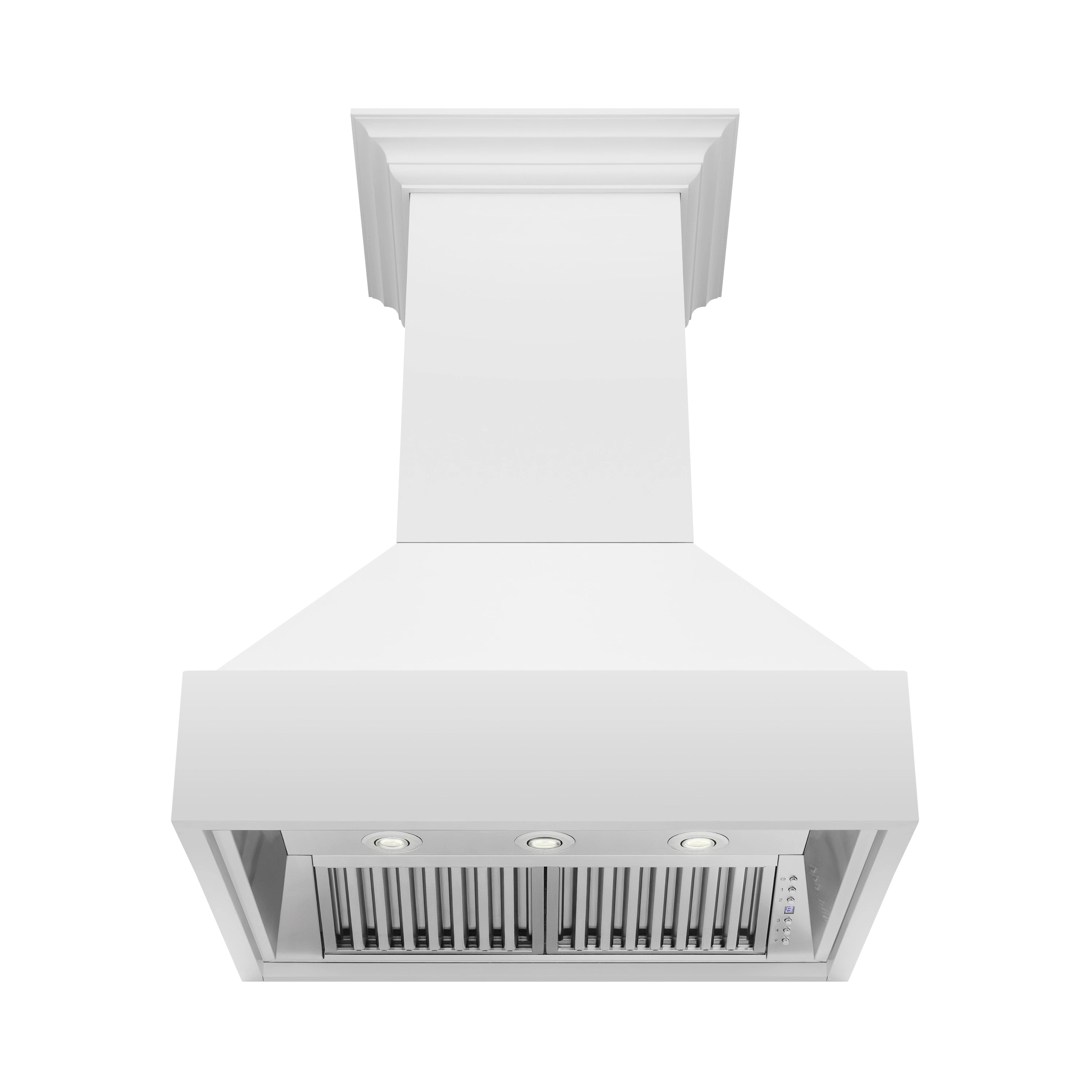 Bright white wall mount range hood with chimney canopy and visible baffle filter area