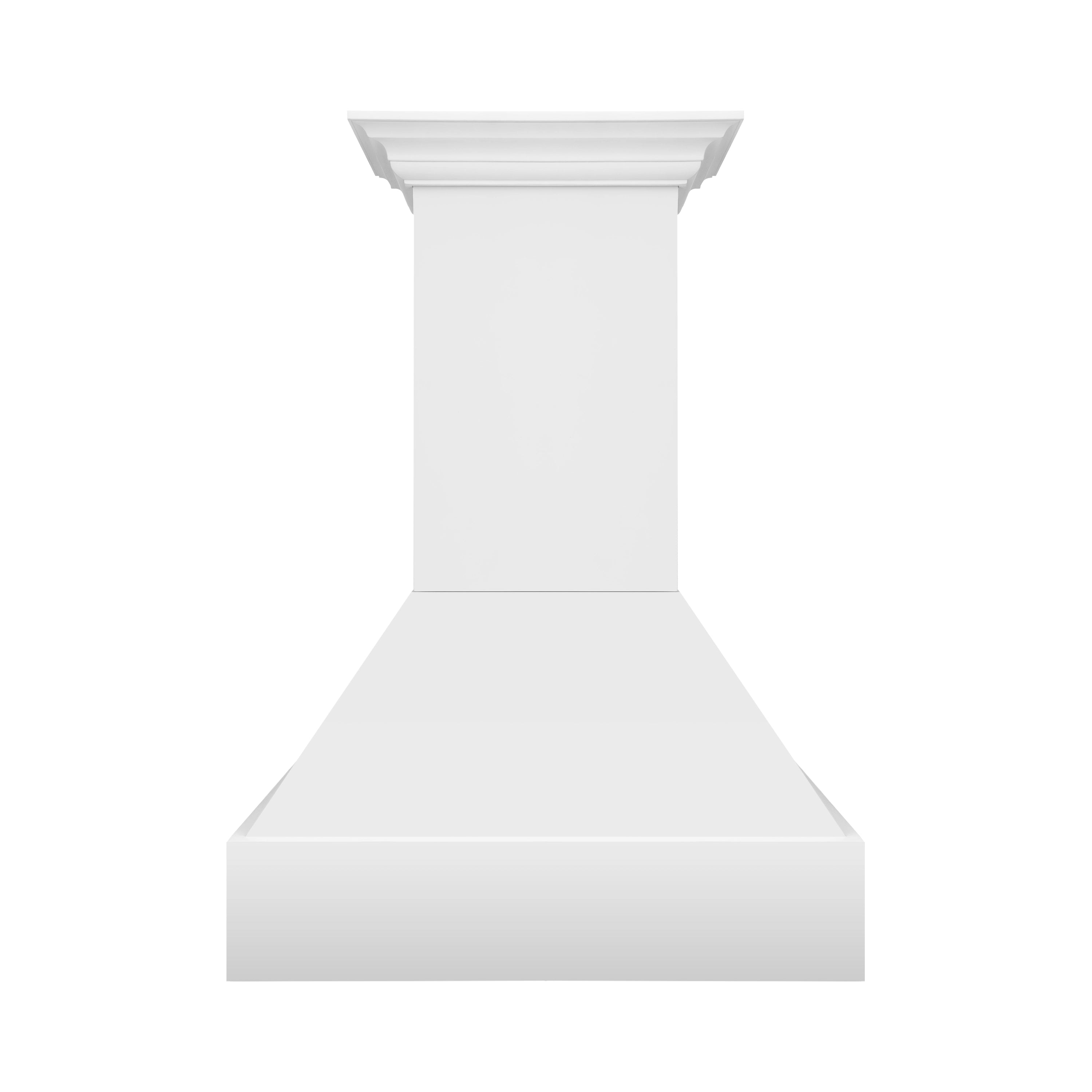 Bright white chimney-style wall mount range hood with smooth front and flared base