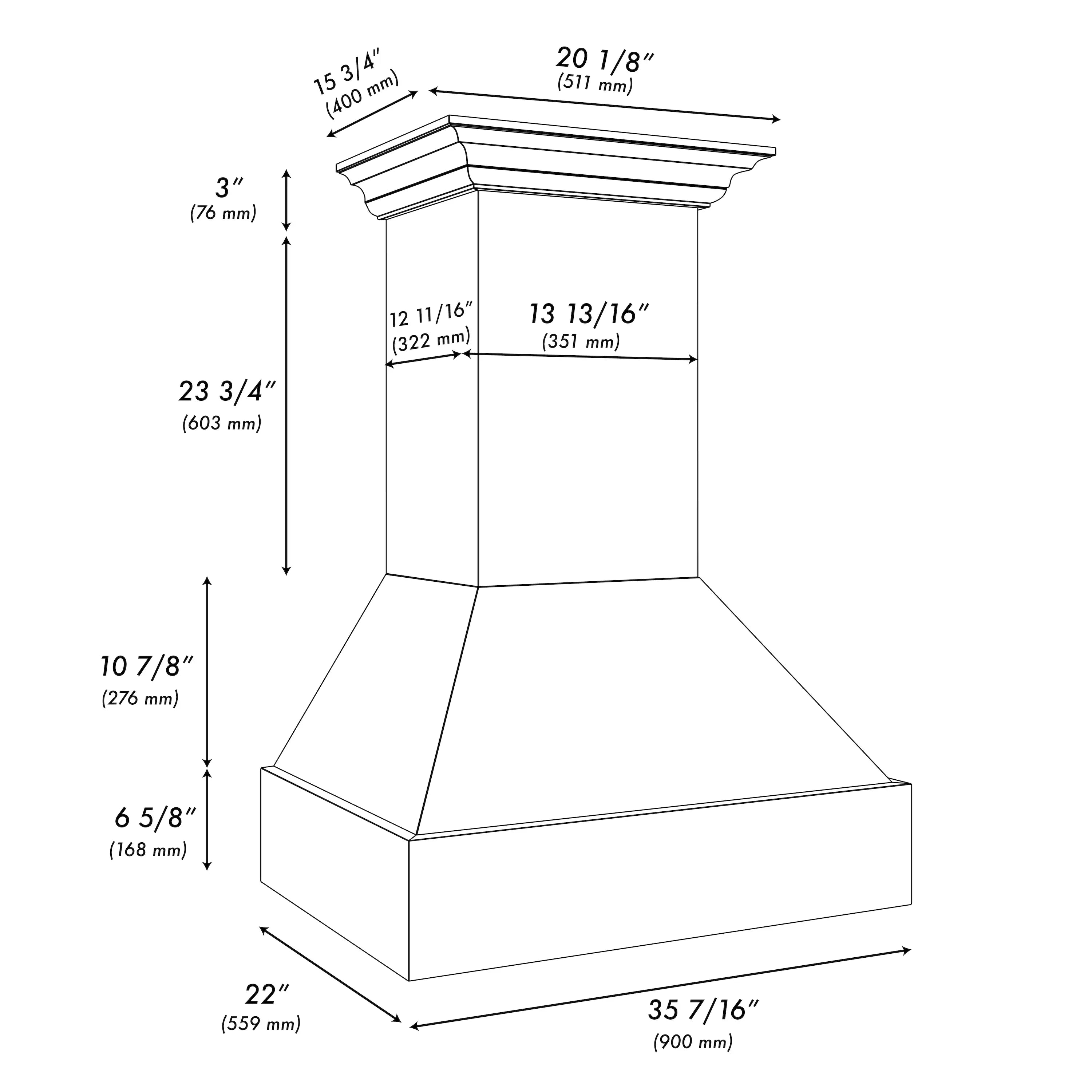Range hood dimensions line drawing with chimney and hood housing