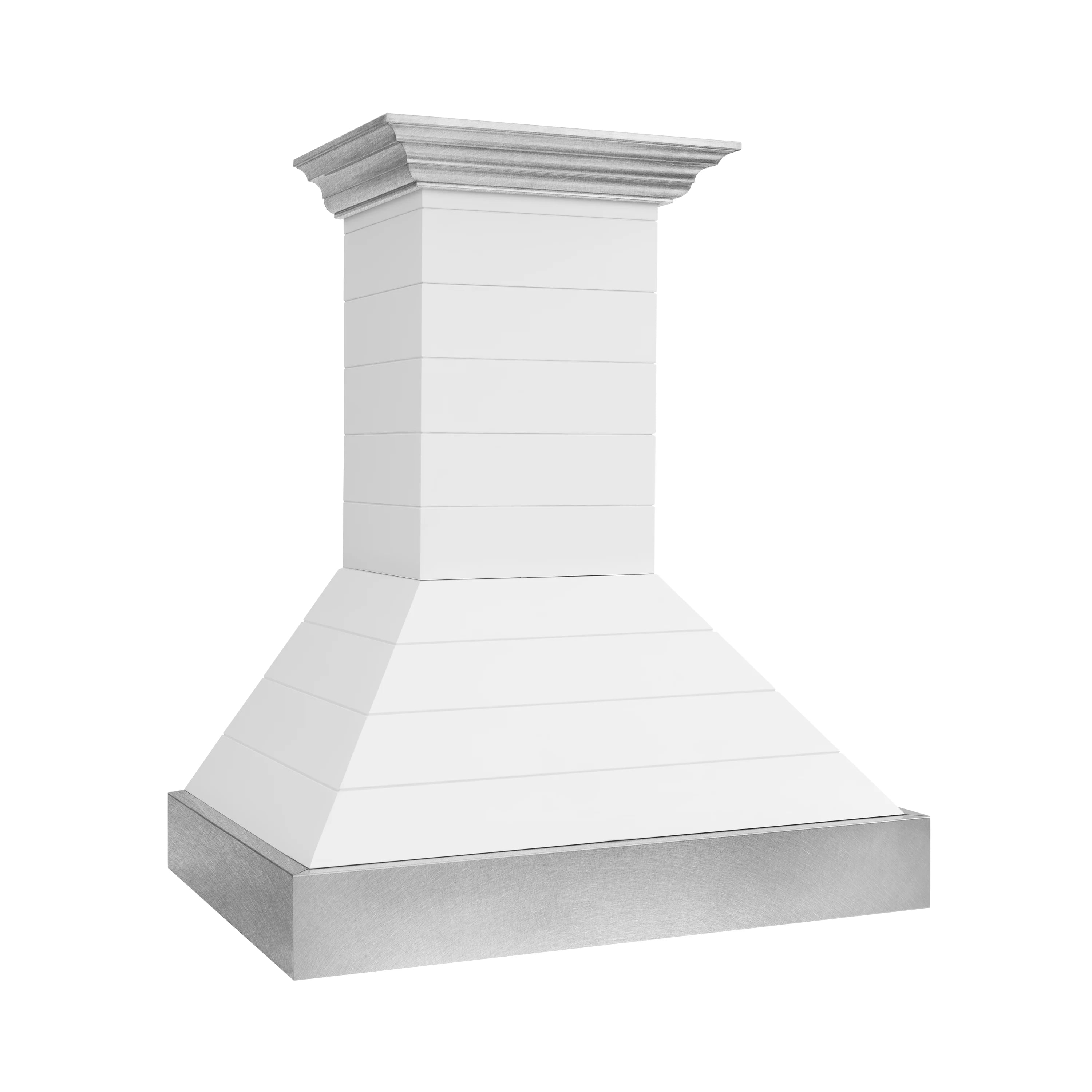 Bright white wall mount range hood with flared stainless bottom and vent opening