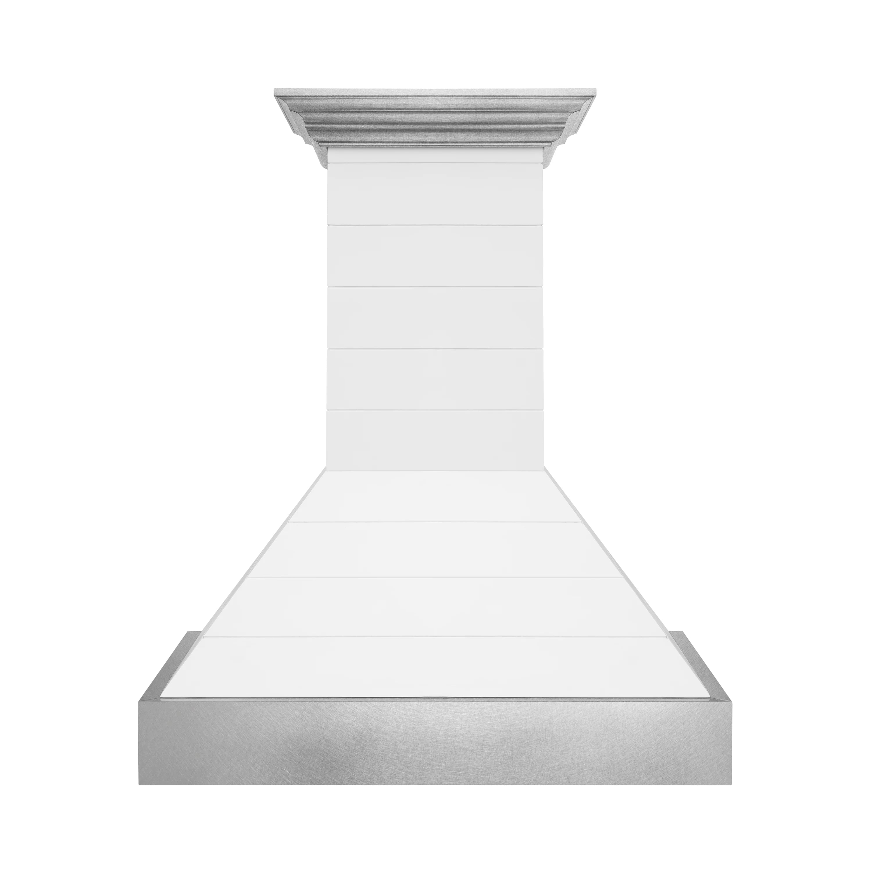 Wall mount range hood with bright white chimney and stainless baffle filter cover