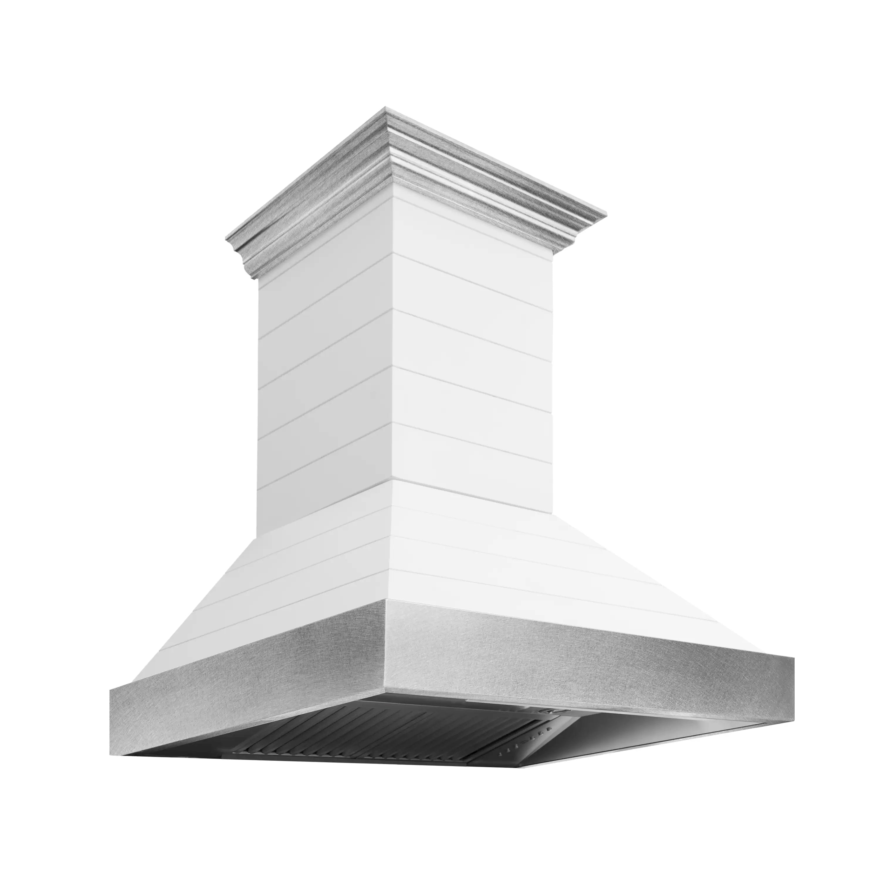 Wall mount range hood with bright white chimney and flared stainless vent hood