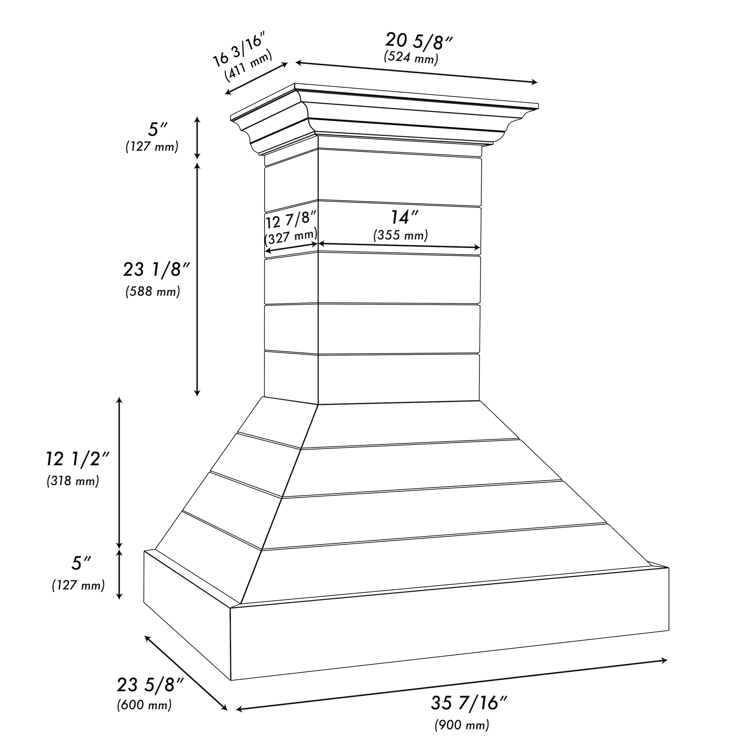 Wall mount range hood dimension diagram showing chimney and vent hood measurements