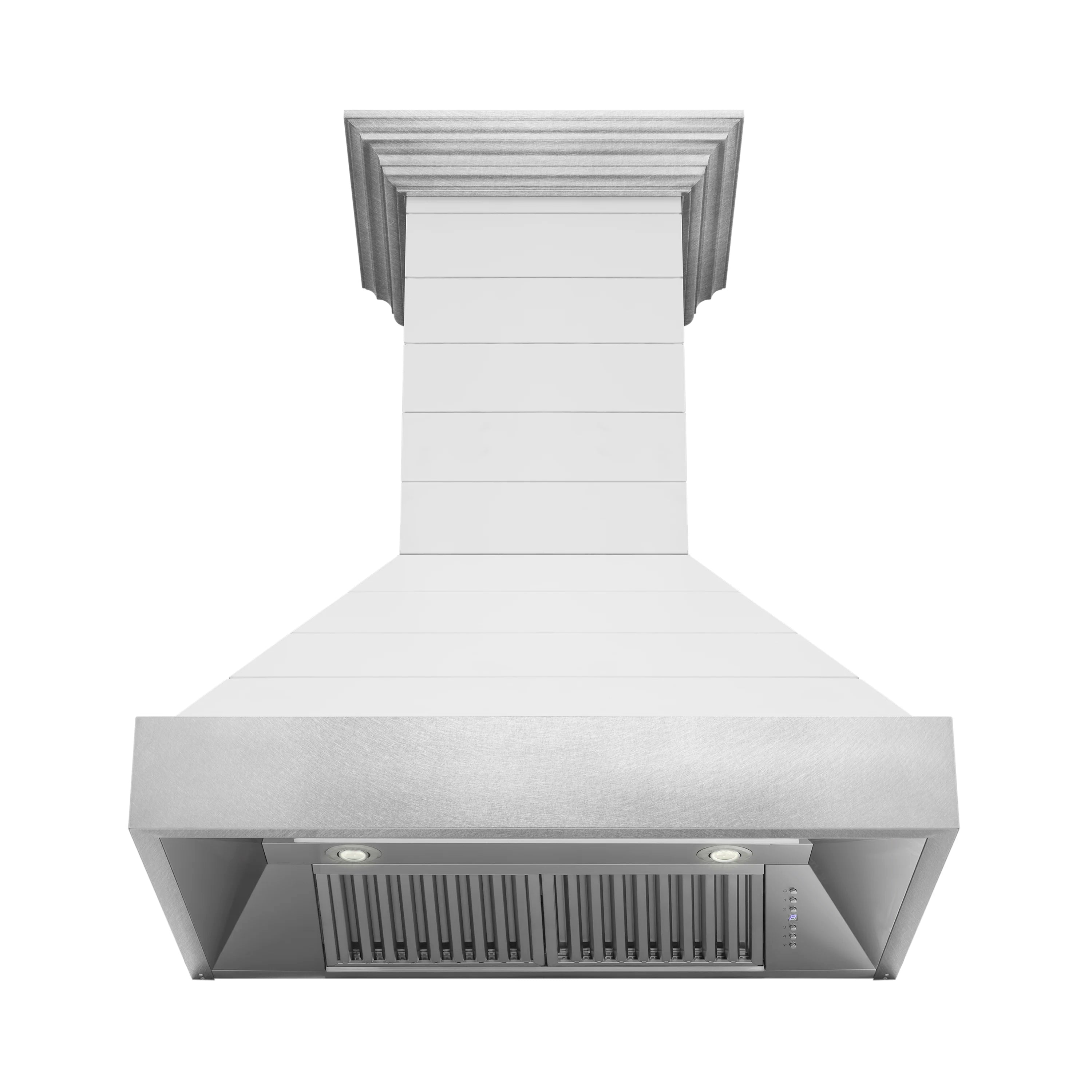 Wall mount range hood with bright white exterior and stainless vent grille, underside