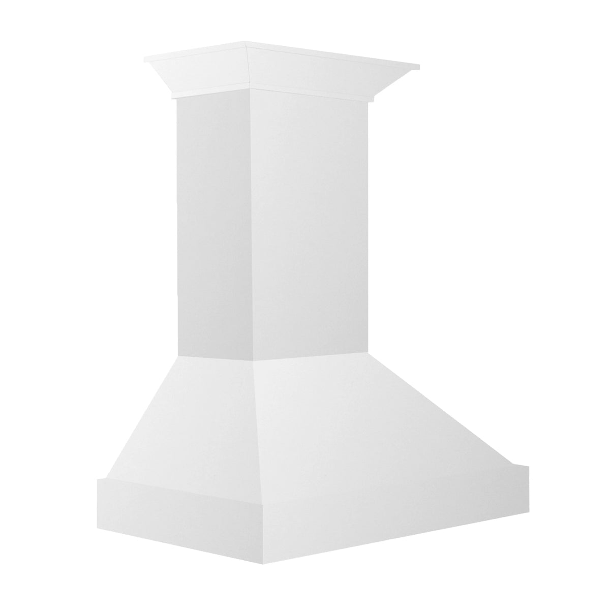 Bright white range hood chimney with flared base and square column design