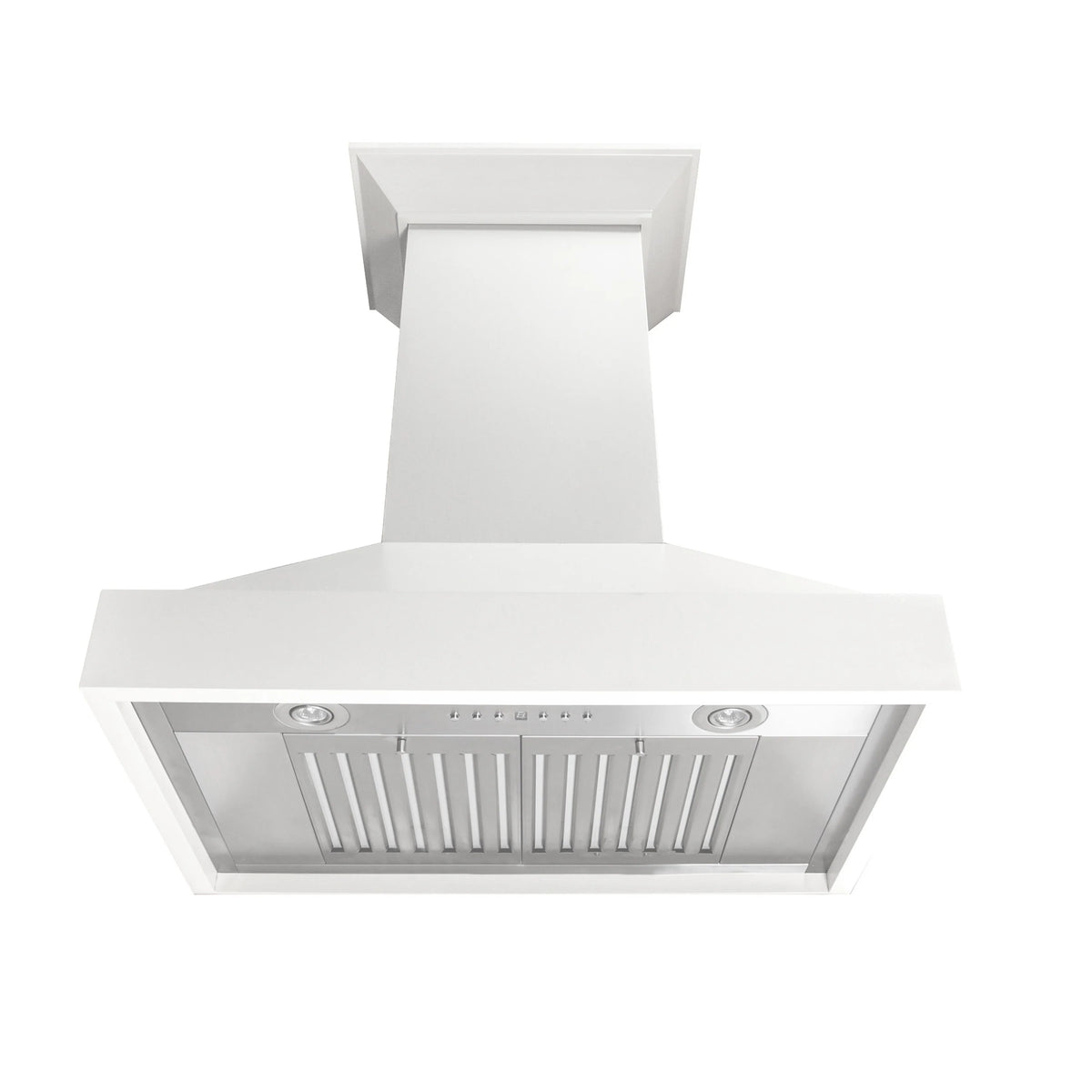 Bright white wall-mount range hood canopy with vent grille and two round lights