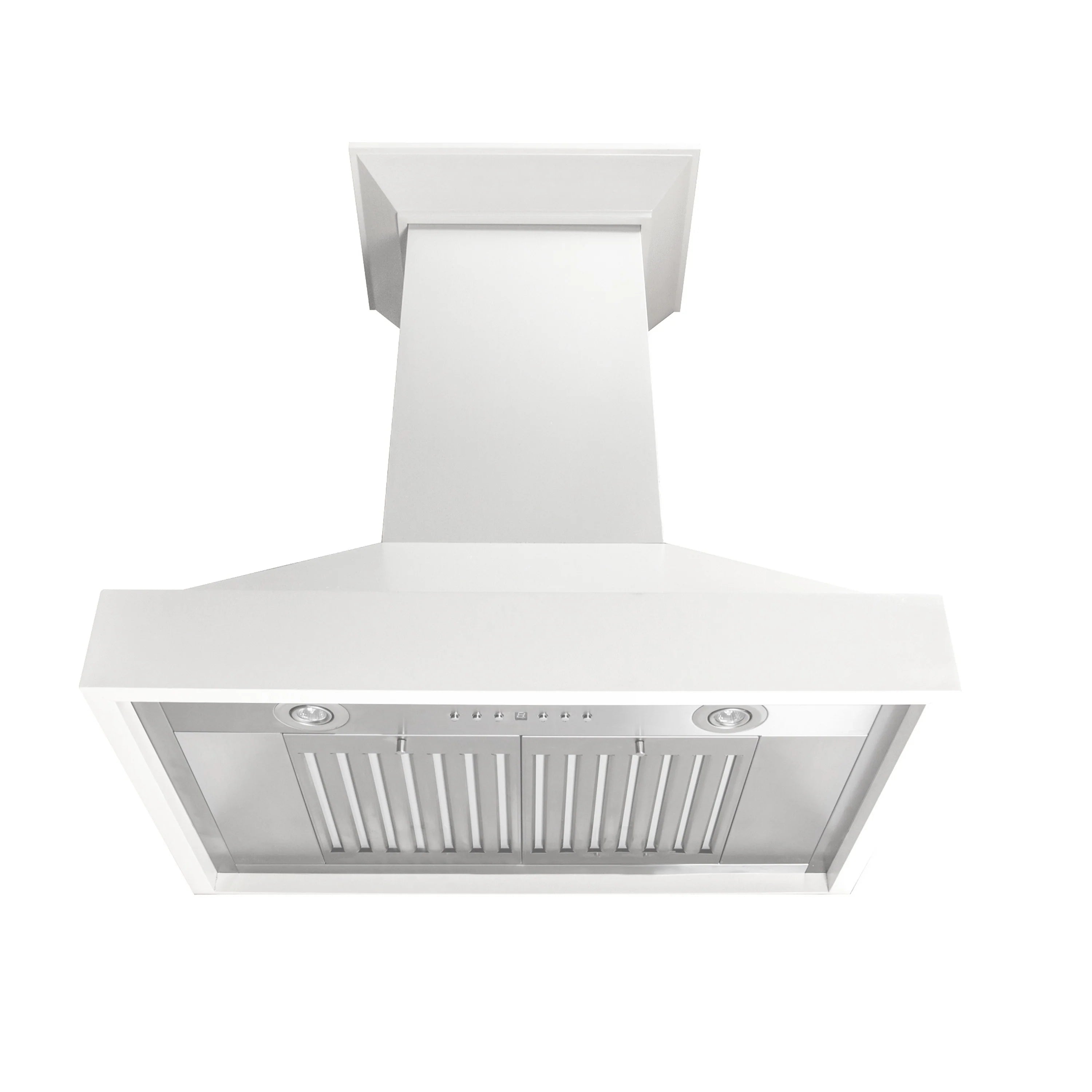 Bright white wall mount range hood with centered vent grille and two round lights
