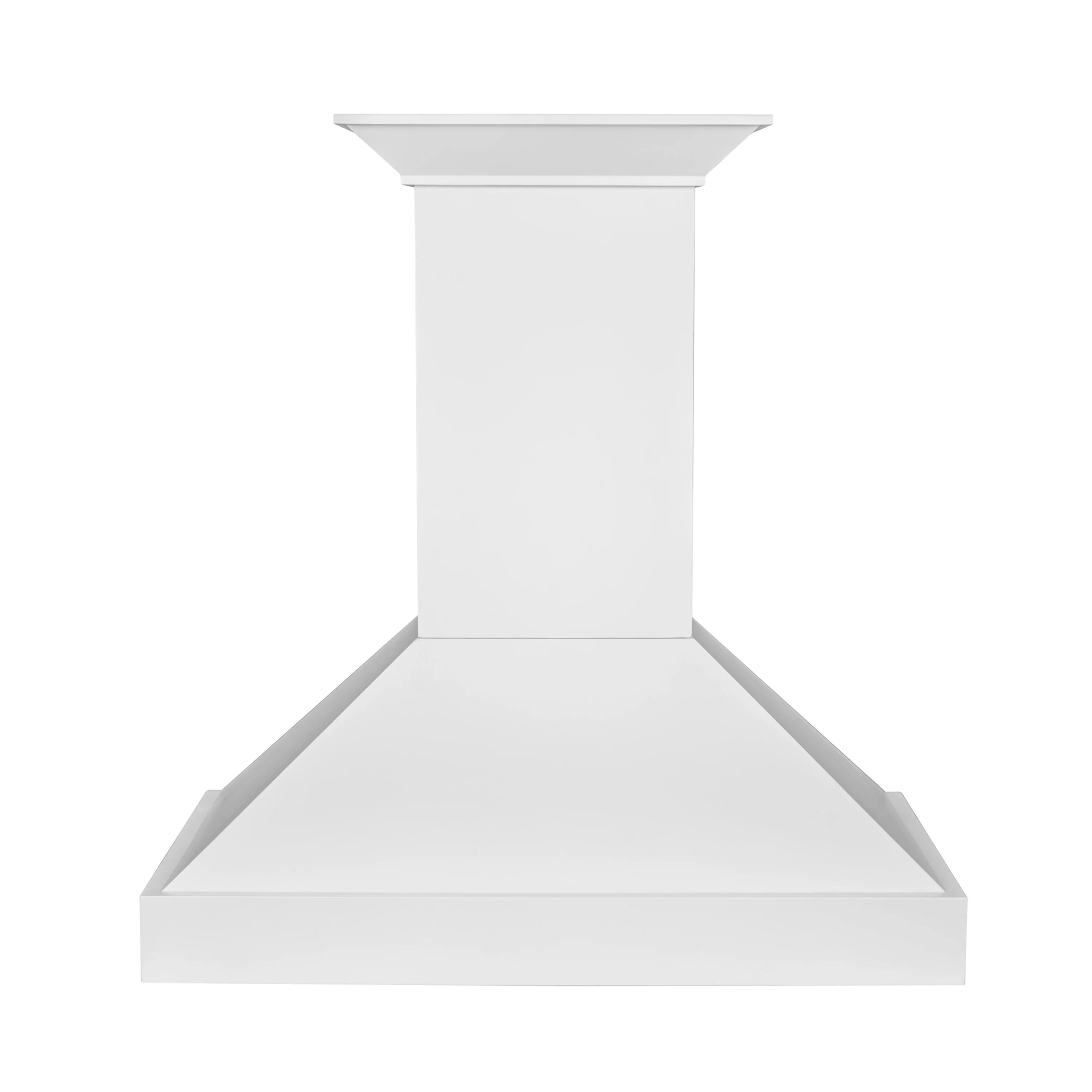 White wall mount range hood with tapered chimney and wide bottom canopy