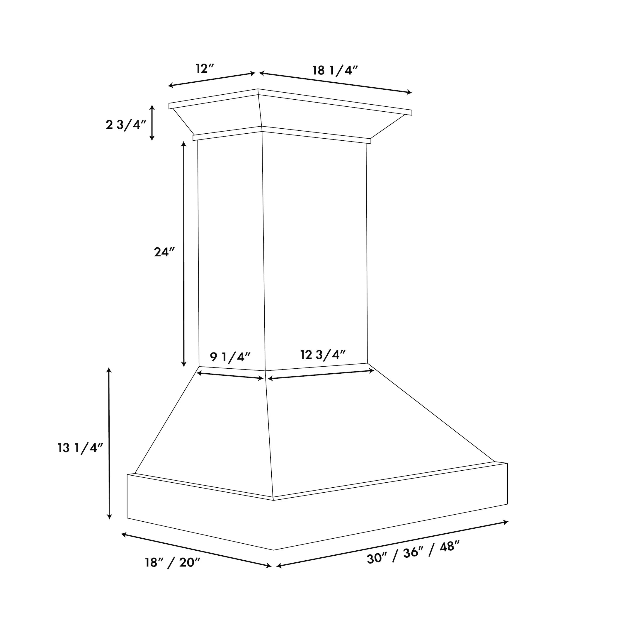 White wall mount range hood dimensions diagram with measurements for 48-inch width