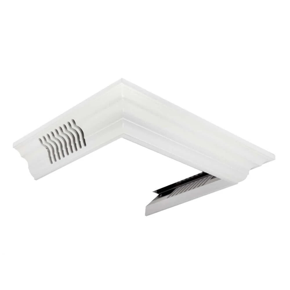 White vented crown molding profile corner piece with vent opening for ducting