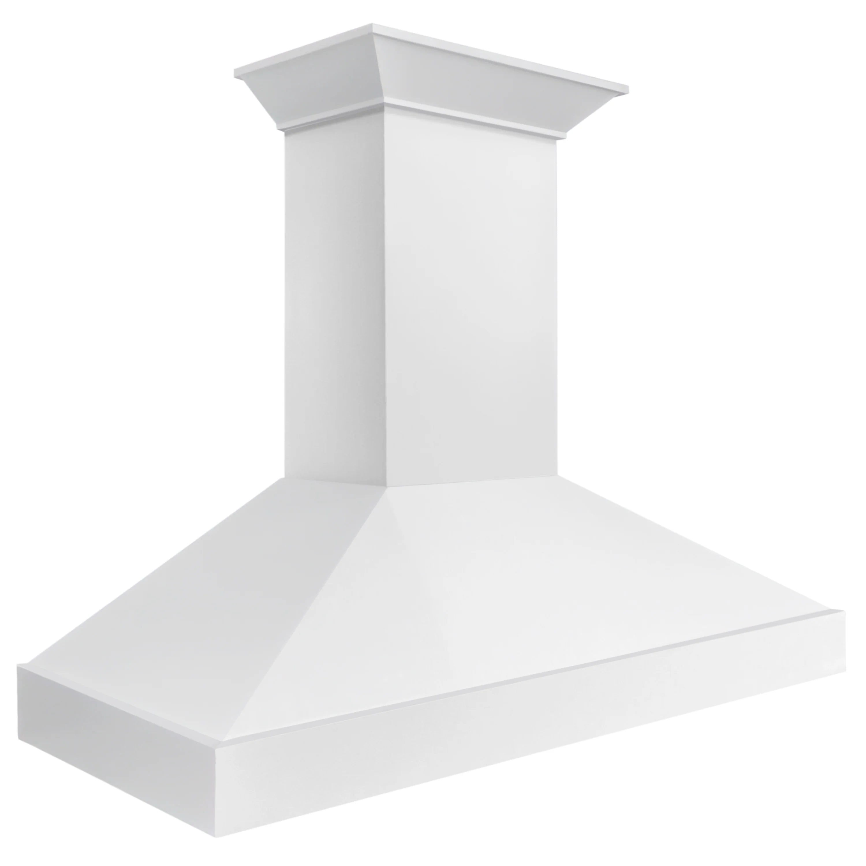 White wall mount range hood underside view with chimney column, smooth bright finish