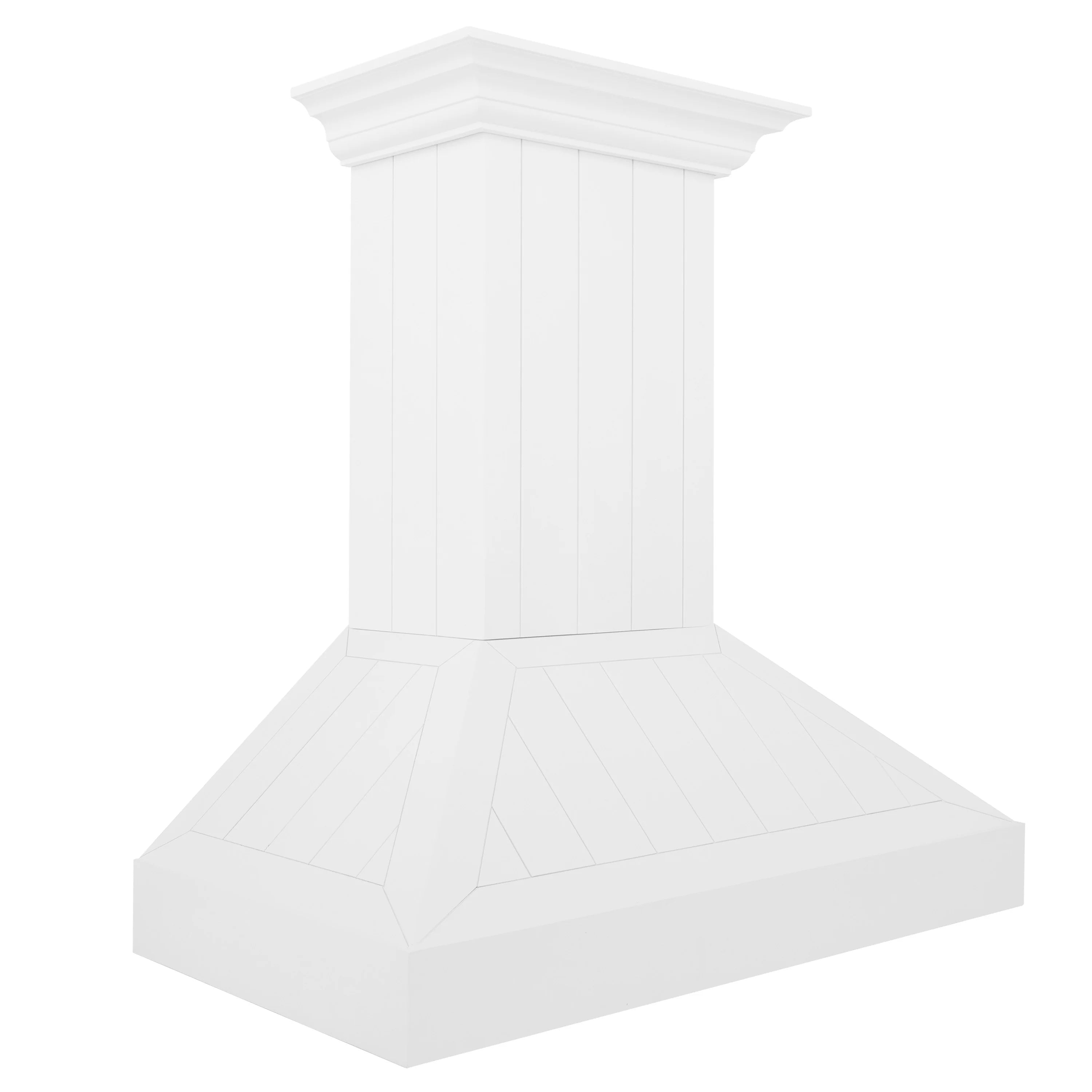 Bright white shiplap wall range hood with chimney and flared vent canopy.