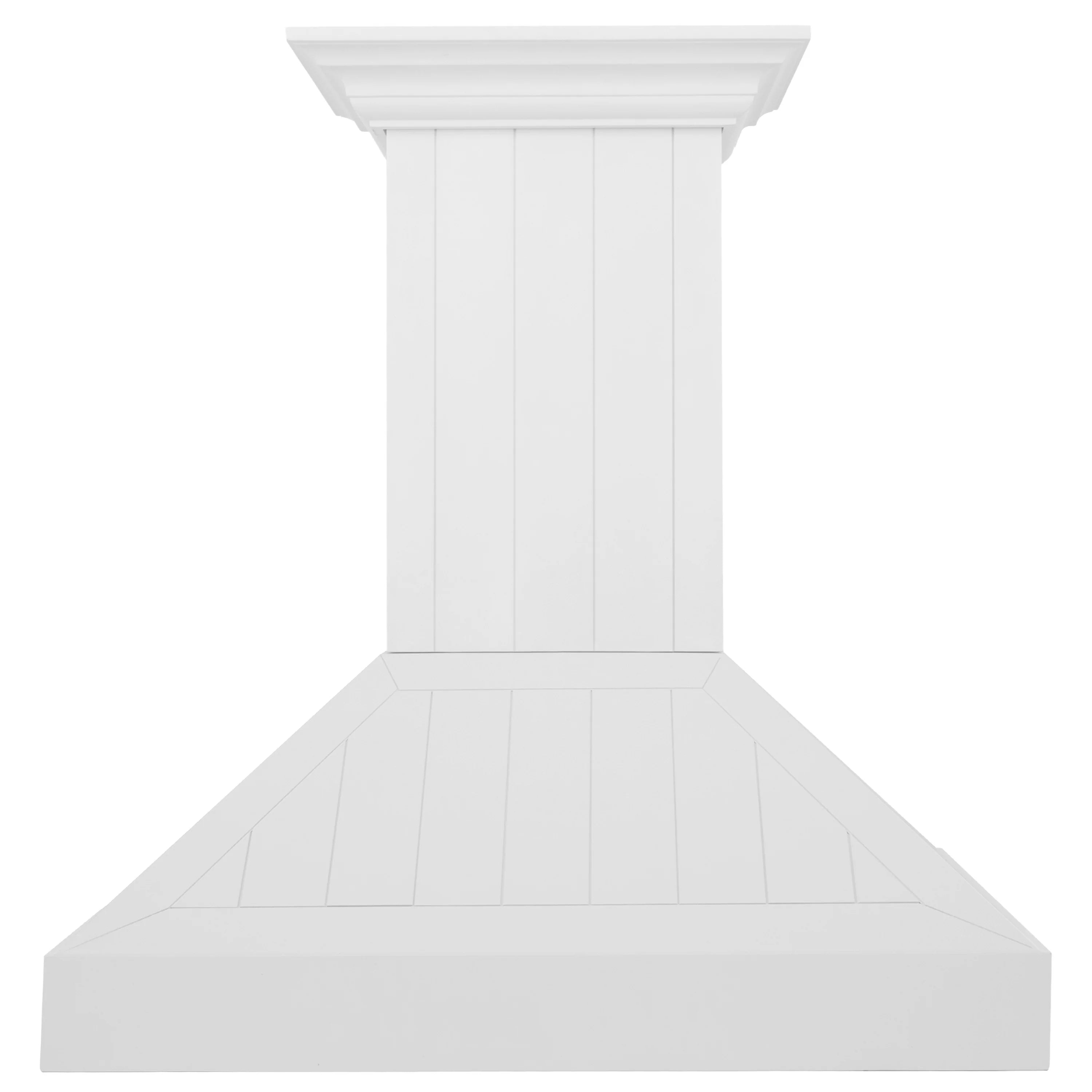 Bright white shiplap wooden wall range hood with tall chimney and flared canopy.