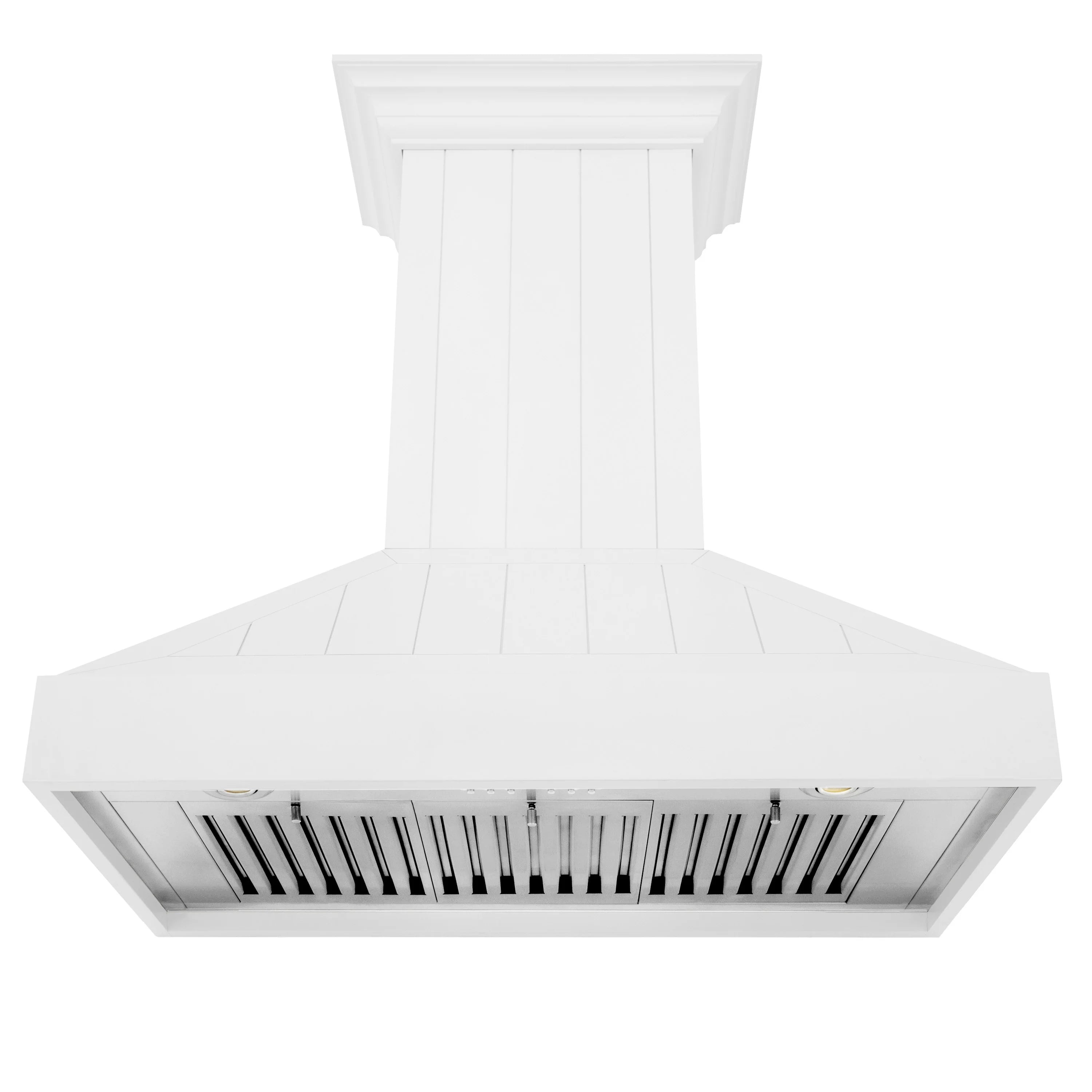 Bright white wall mount range hood underside view with vent grille and lighting area