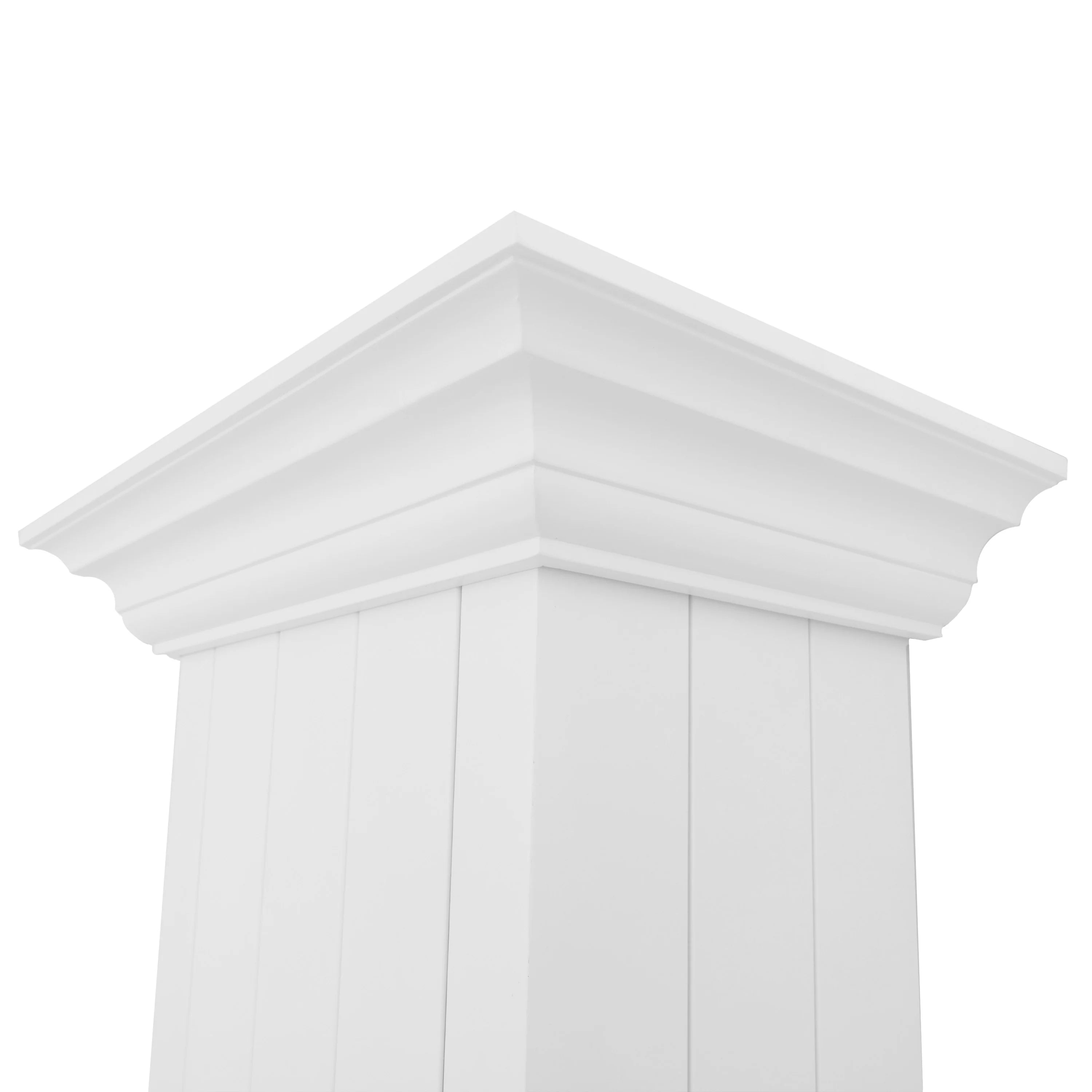Upper chimney section of a white shiplap wall mount range hood