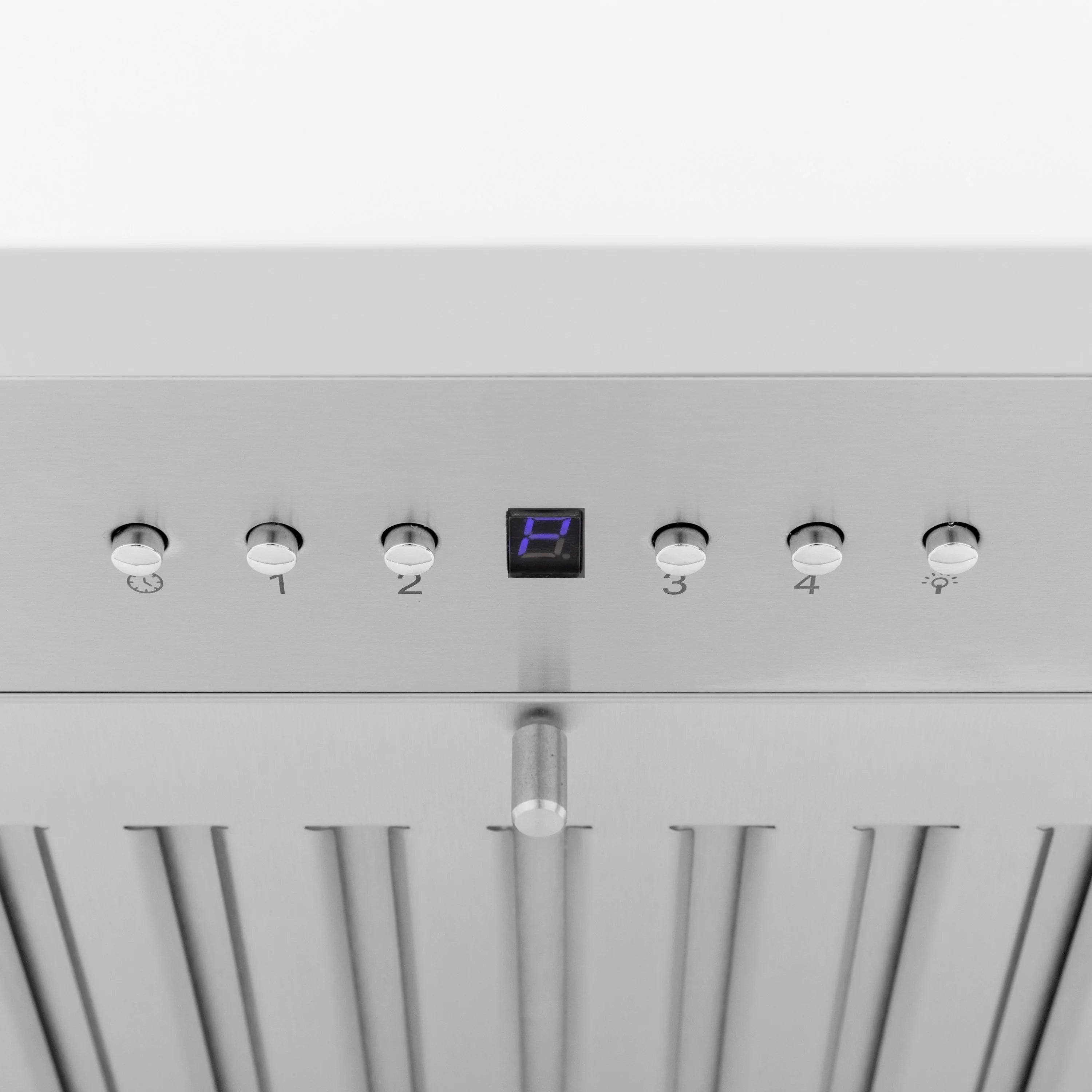 Control panel with numbered buttons and small digital display under range hood