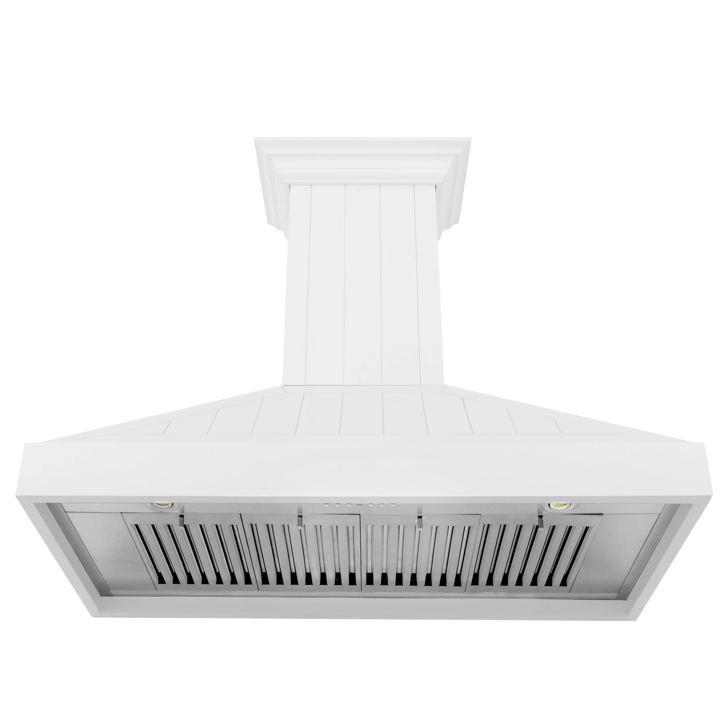 Range hood underside with metal vent grille and two small lights
