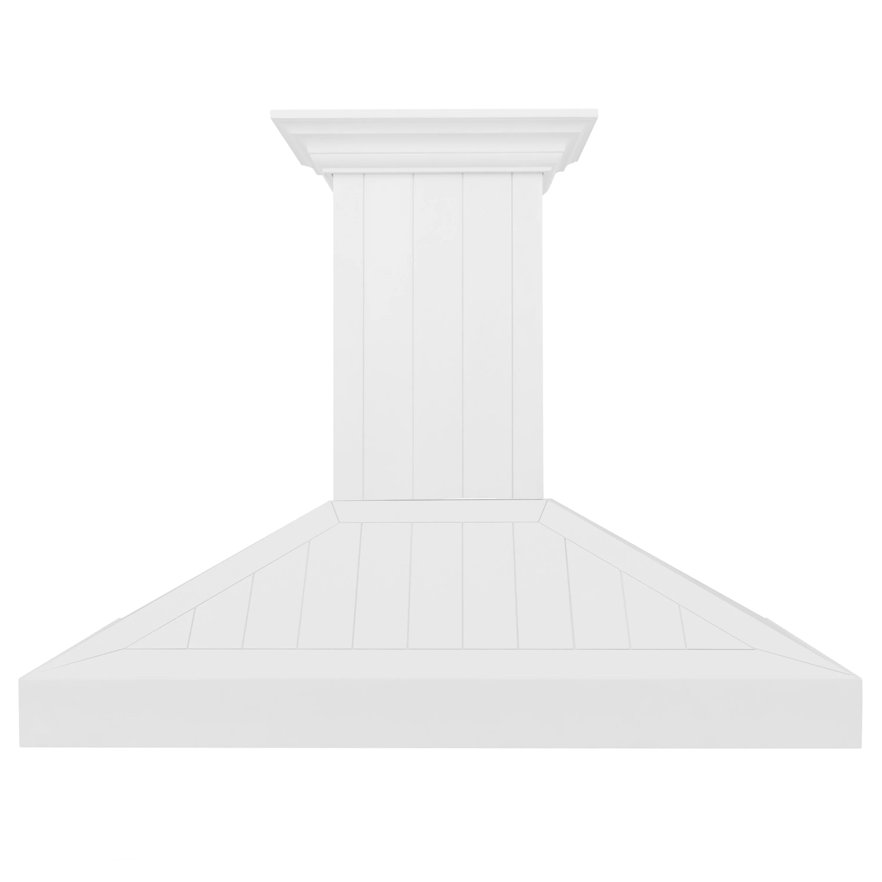 White shiplap wall mount range hood front view with decorative top cap