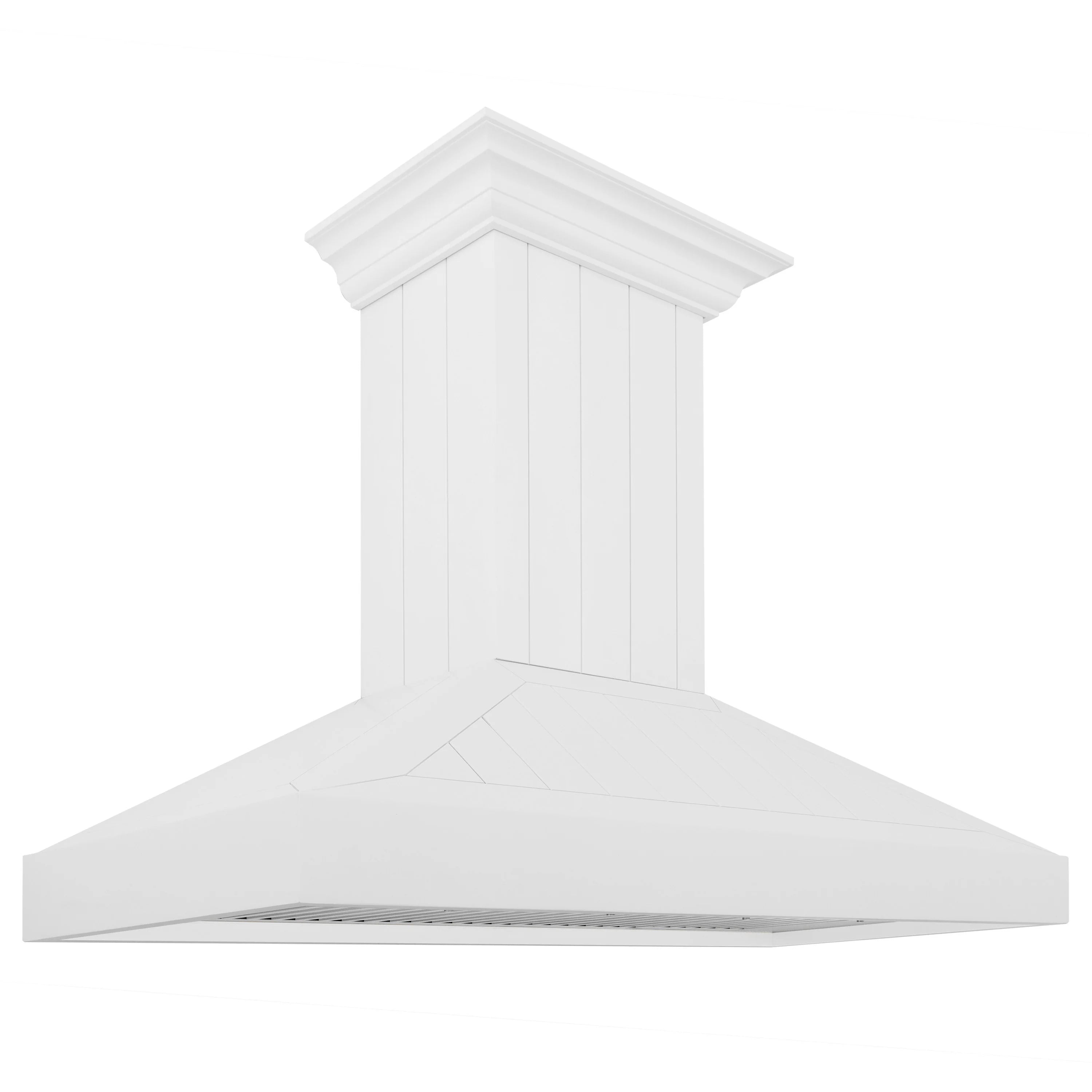 Wall mount range hood with white shiplap chimney and flared canopy