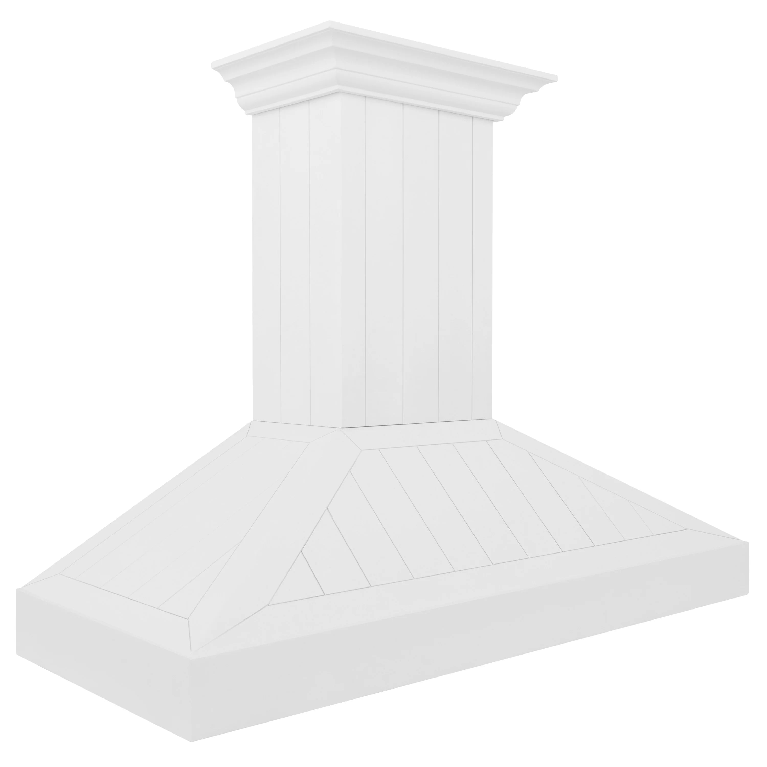 Wall mount range hood canopy with white shiplap panels and decorative trim