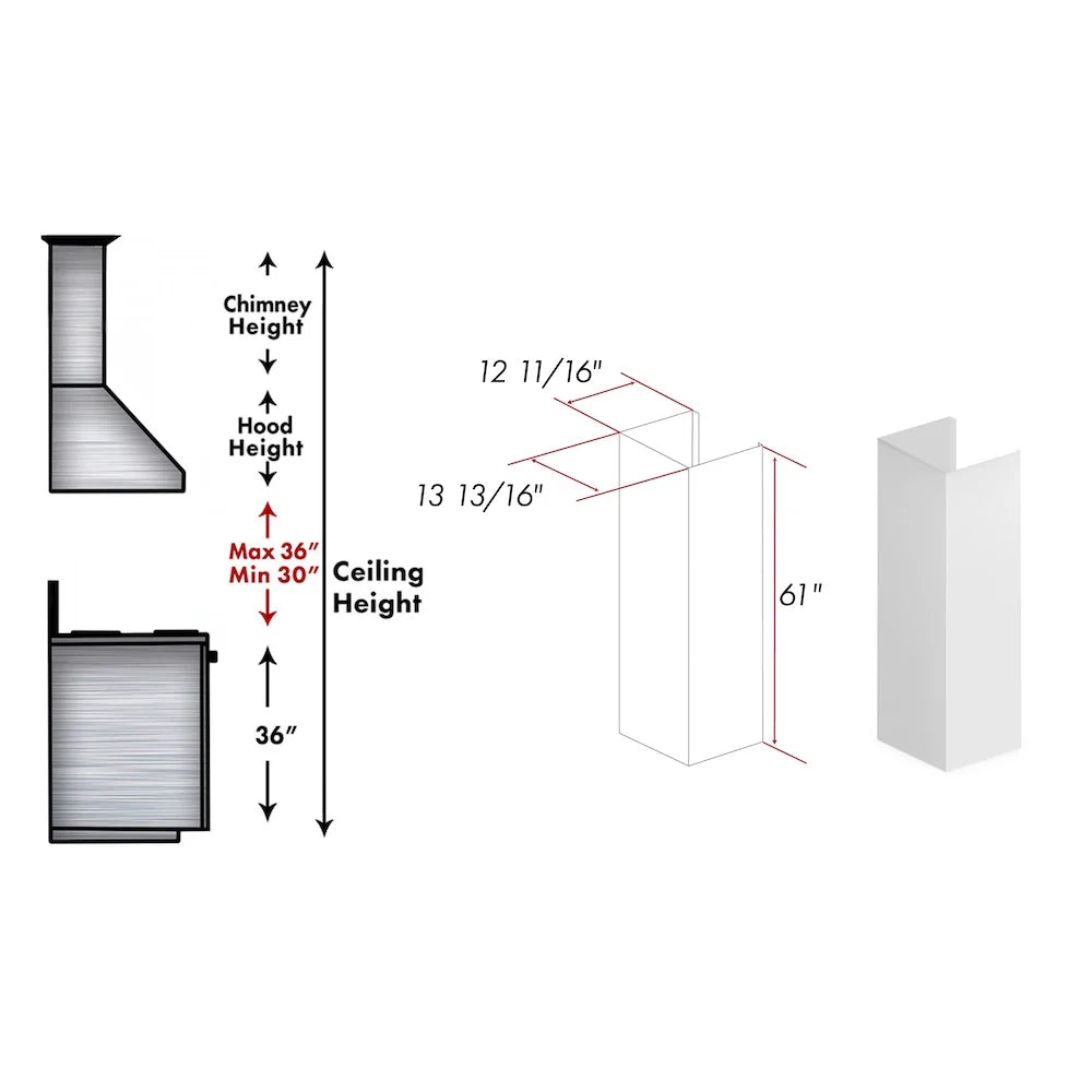 Bright white wooden chimney extension with size diagram, 61 in height