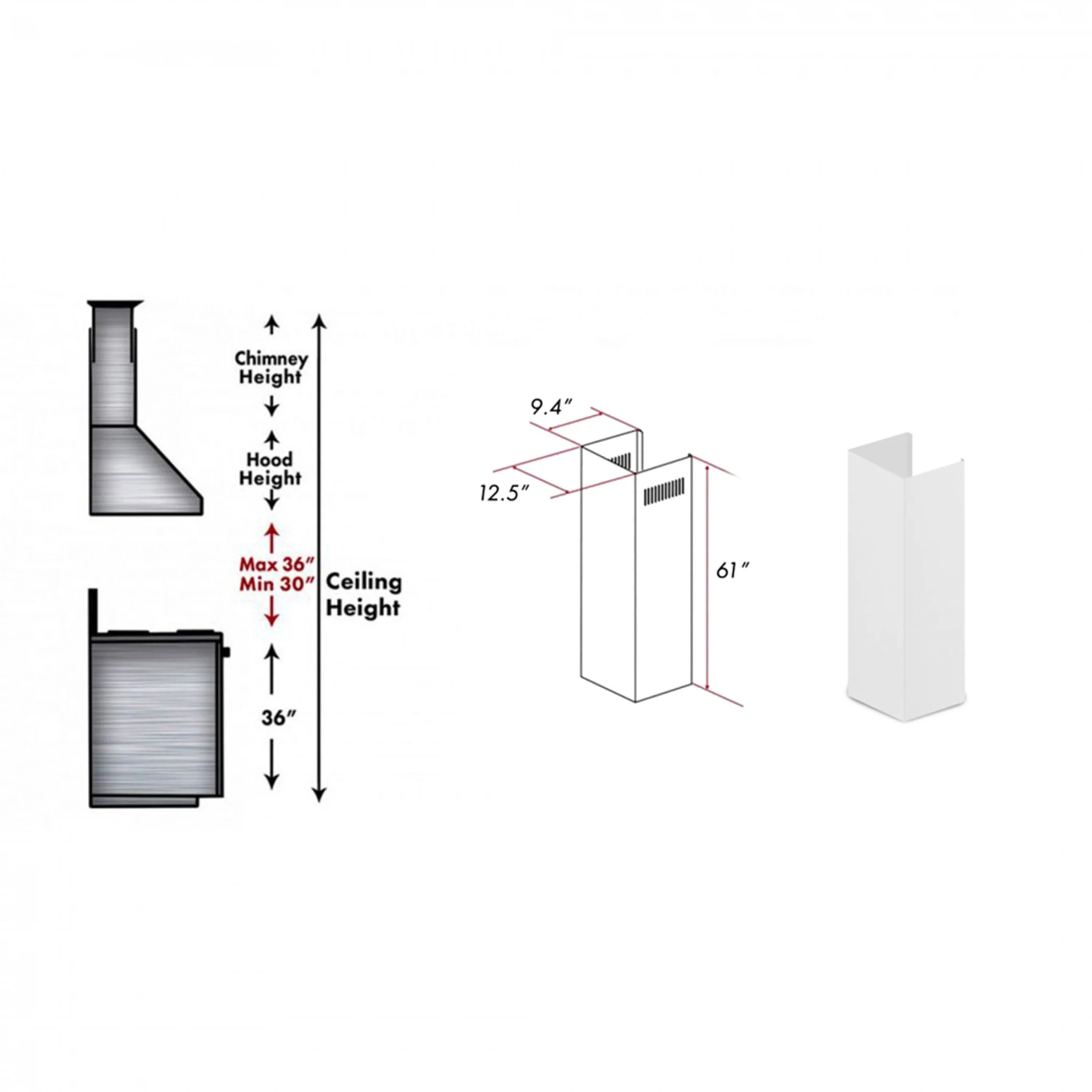 61-inch bright white wood chimney extension with size measurement diagram