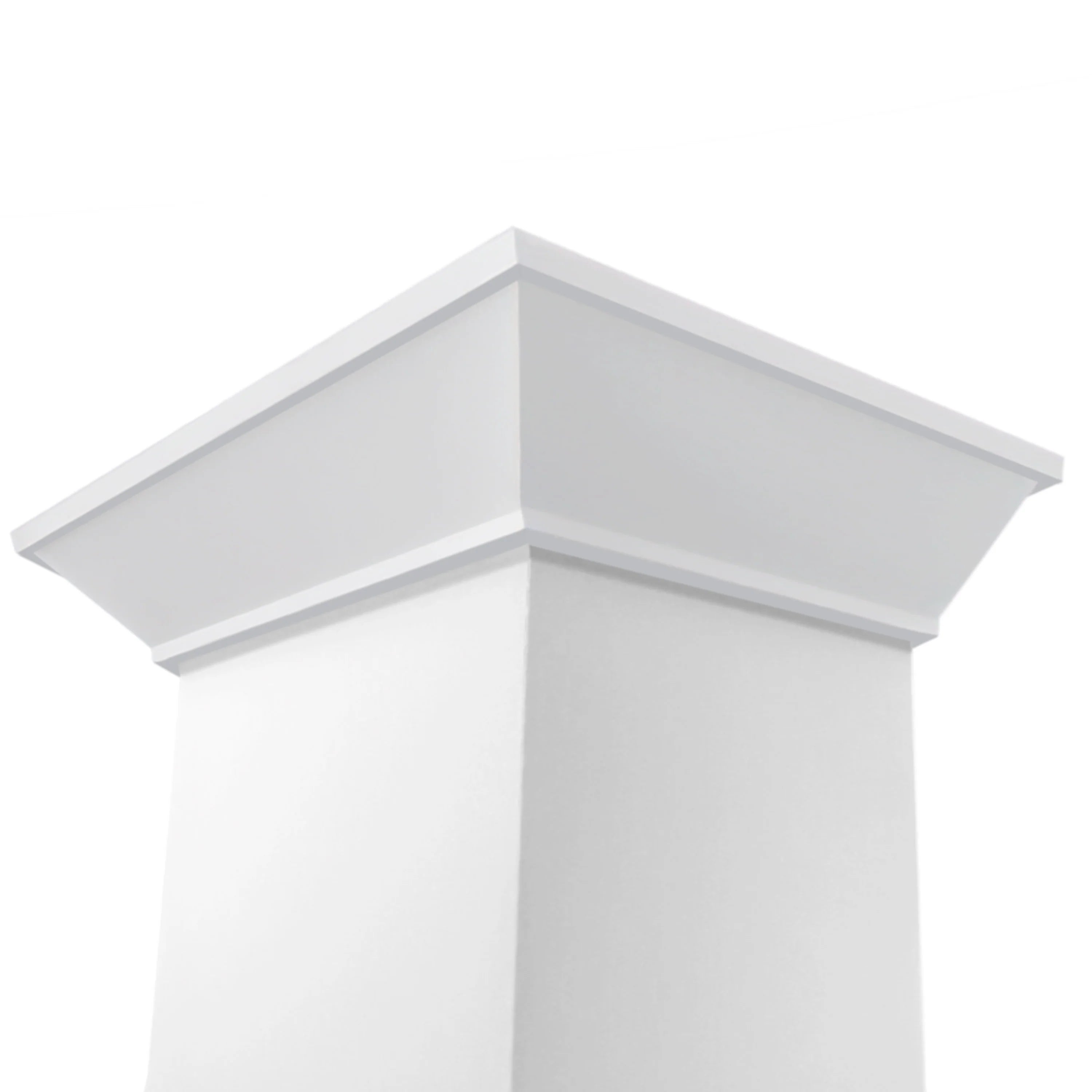 White wall mount range hood top chimney and side panels, smooth bright finish