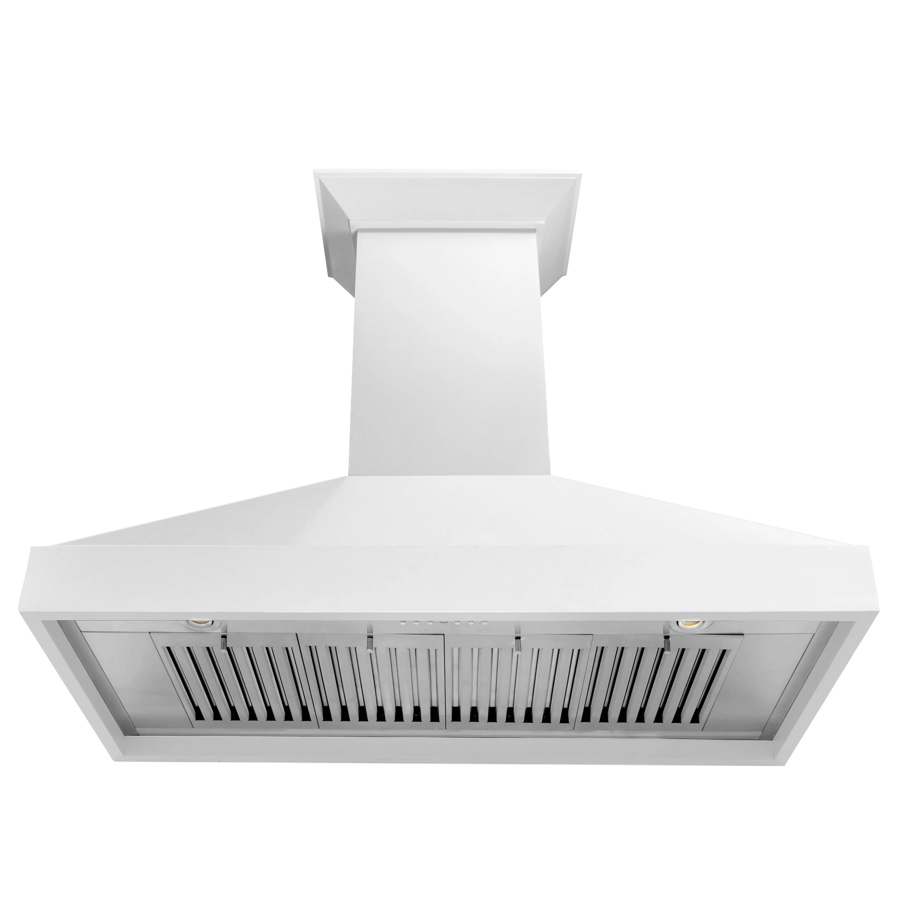 White wall mount range hood with front vent grille and chimney housing, smooth finish