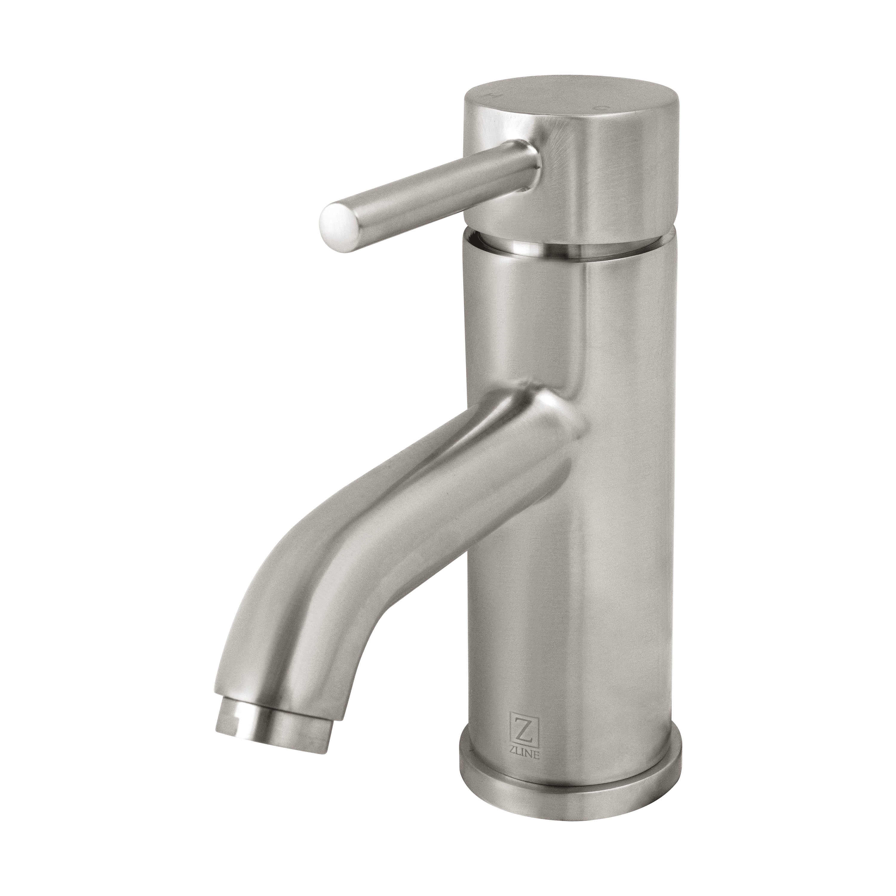 Brushed nickel bath faucet front view with lever handle and curved spout