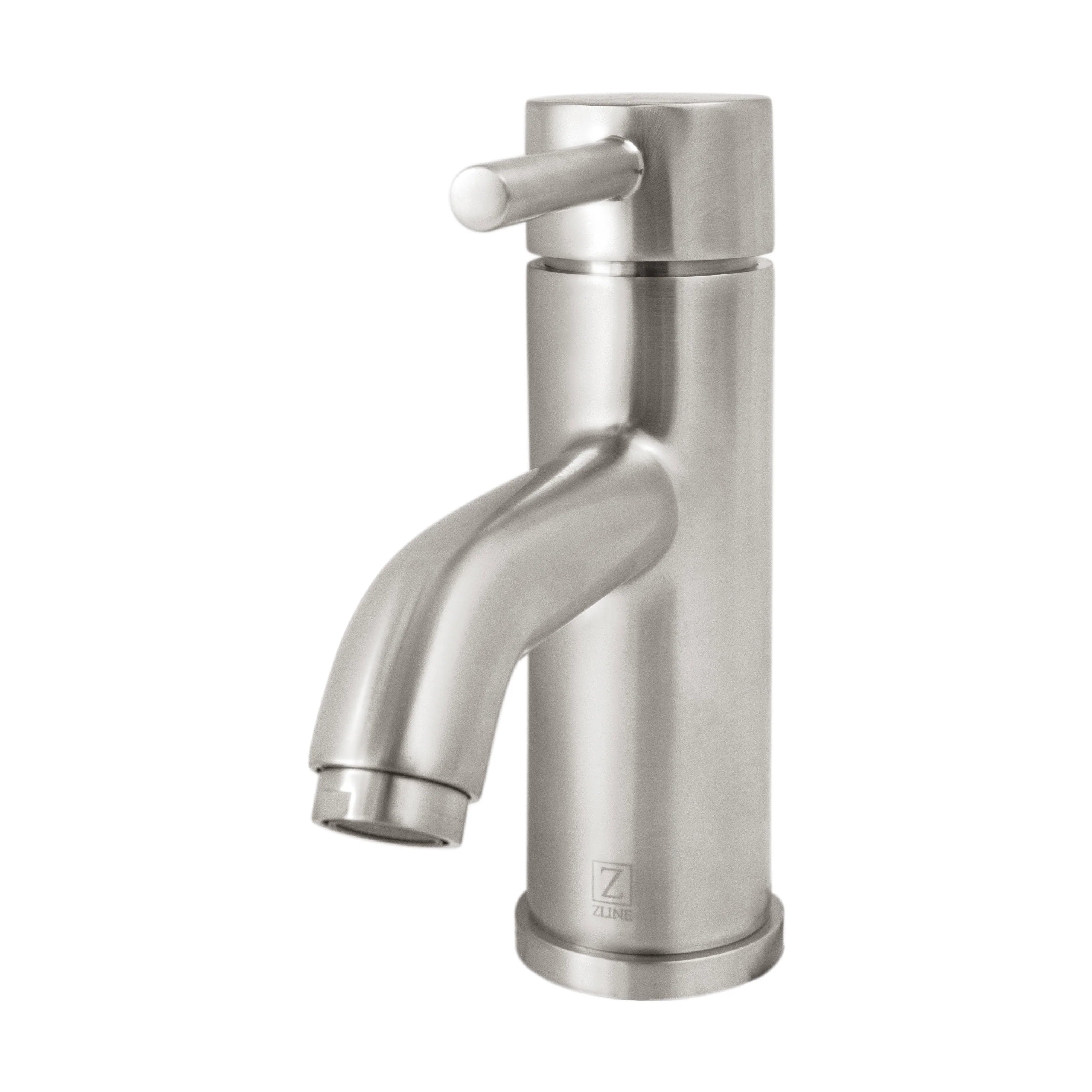 Brushed nickel bath faucet with single lever handle and curved spout
