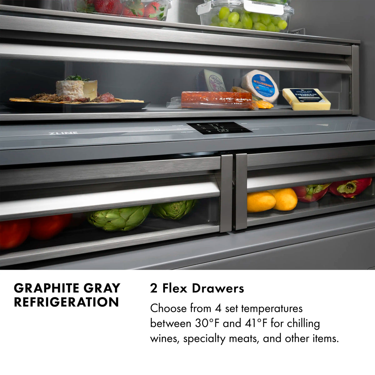 French door refrigerator interior shelves with gray drawers and stocked bins
