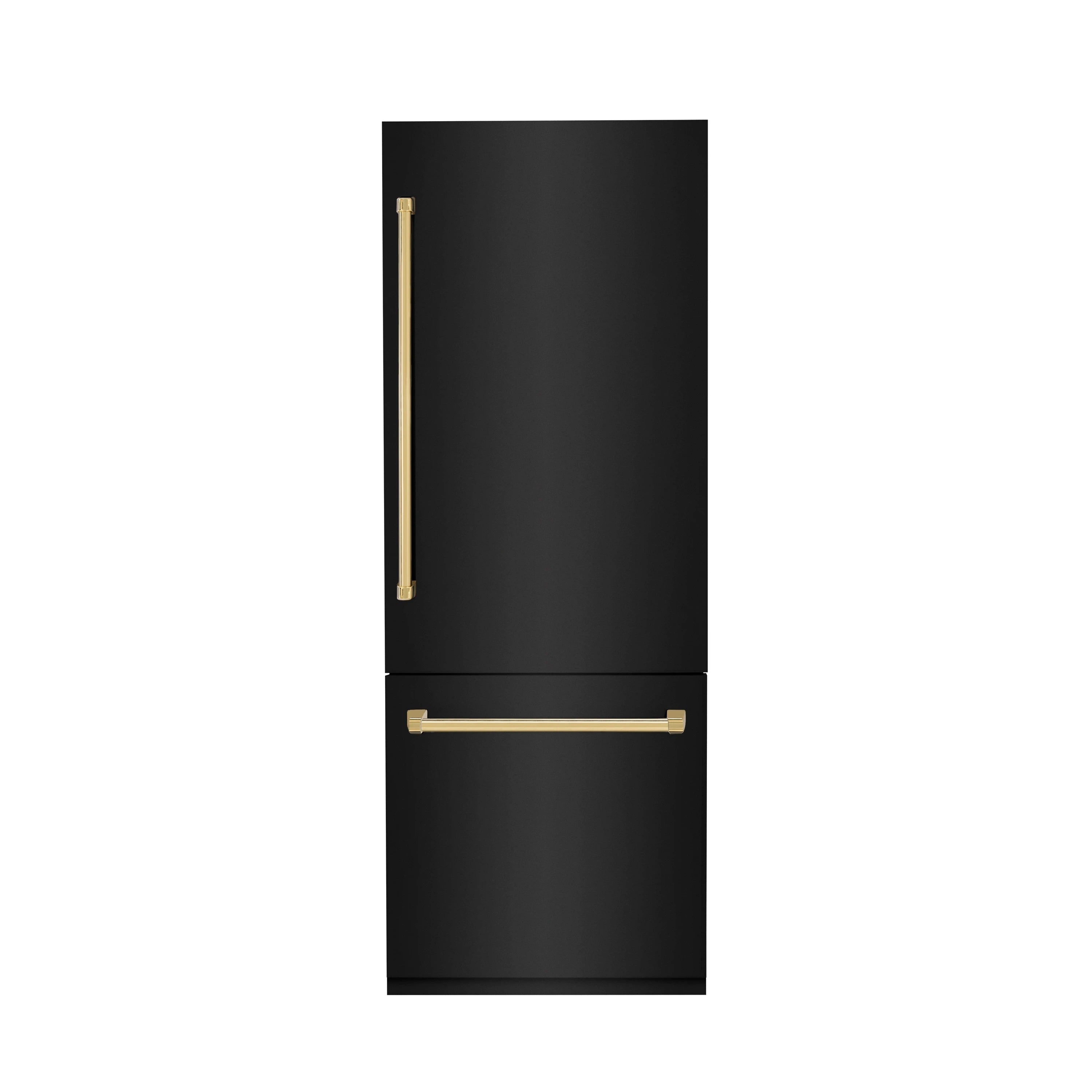 Black stainless steel bottom-freezer refrigerator with gold vertical and horizontal handles