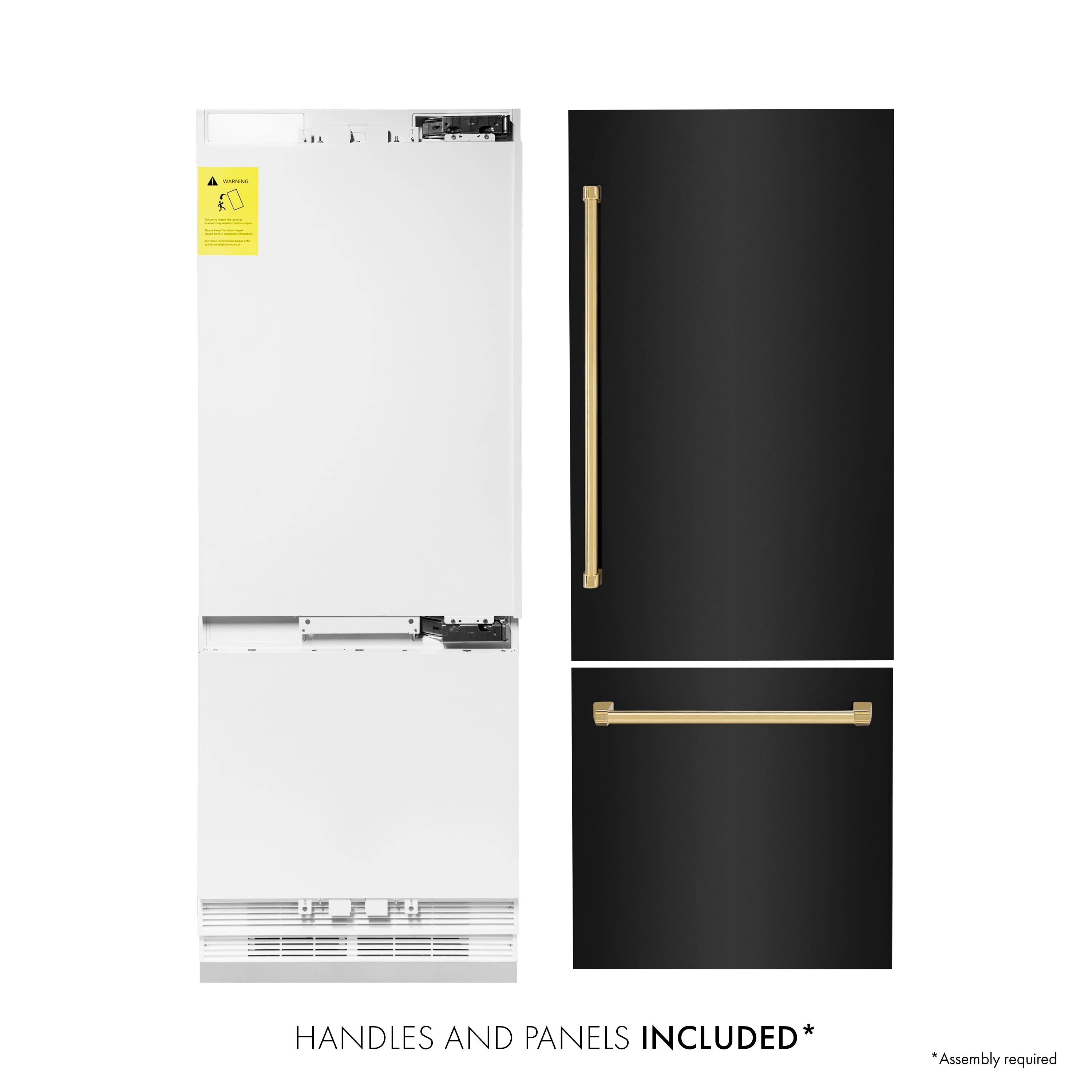 Black stainless steel bottom-freezer refrigerator with gold handles and included panels