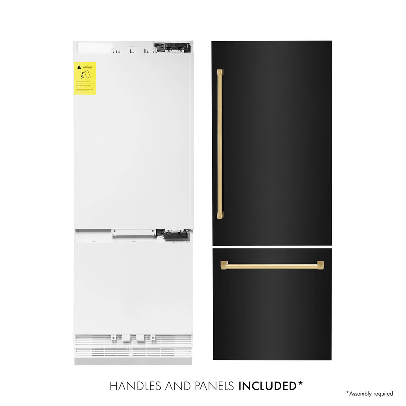 ZLINE 30-Inch Autograph Edition 16.1 cu. ft. Built-in 2-Door Bottom Freezer Refrigerator with Internal Water and Ice Dispenser in Black Stainless Steel with Gold Accents (RBIVZ-BS-30-G)