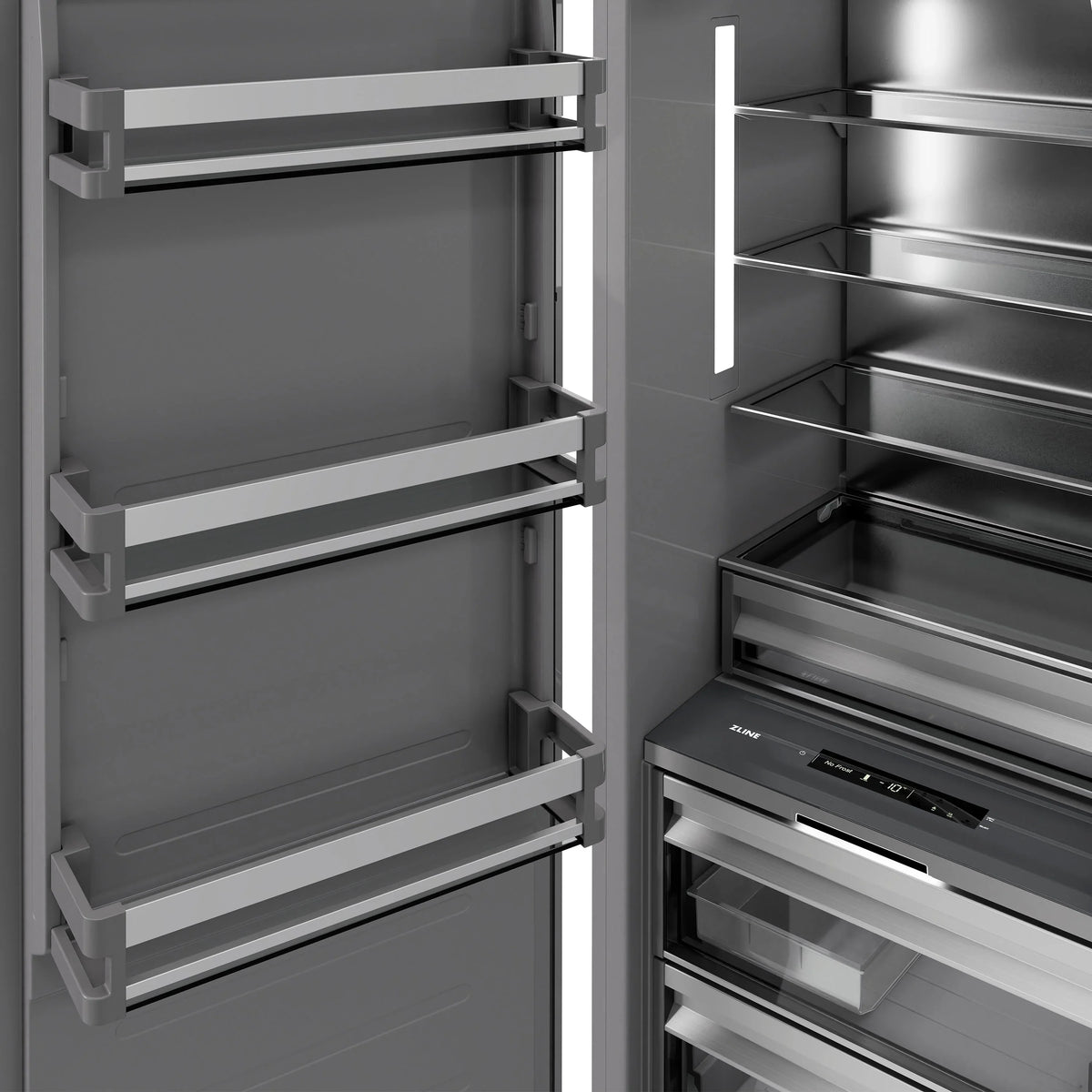Refrigerator interior with stacked shelves, drawers, and side compartments