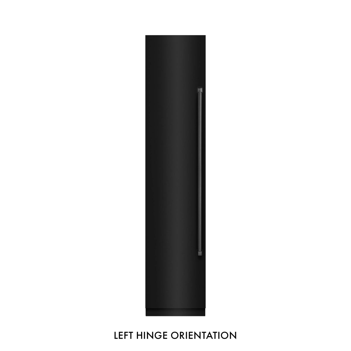 Black stainless column freezer exterior with left-hinge orientation