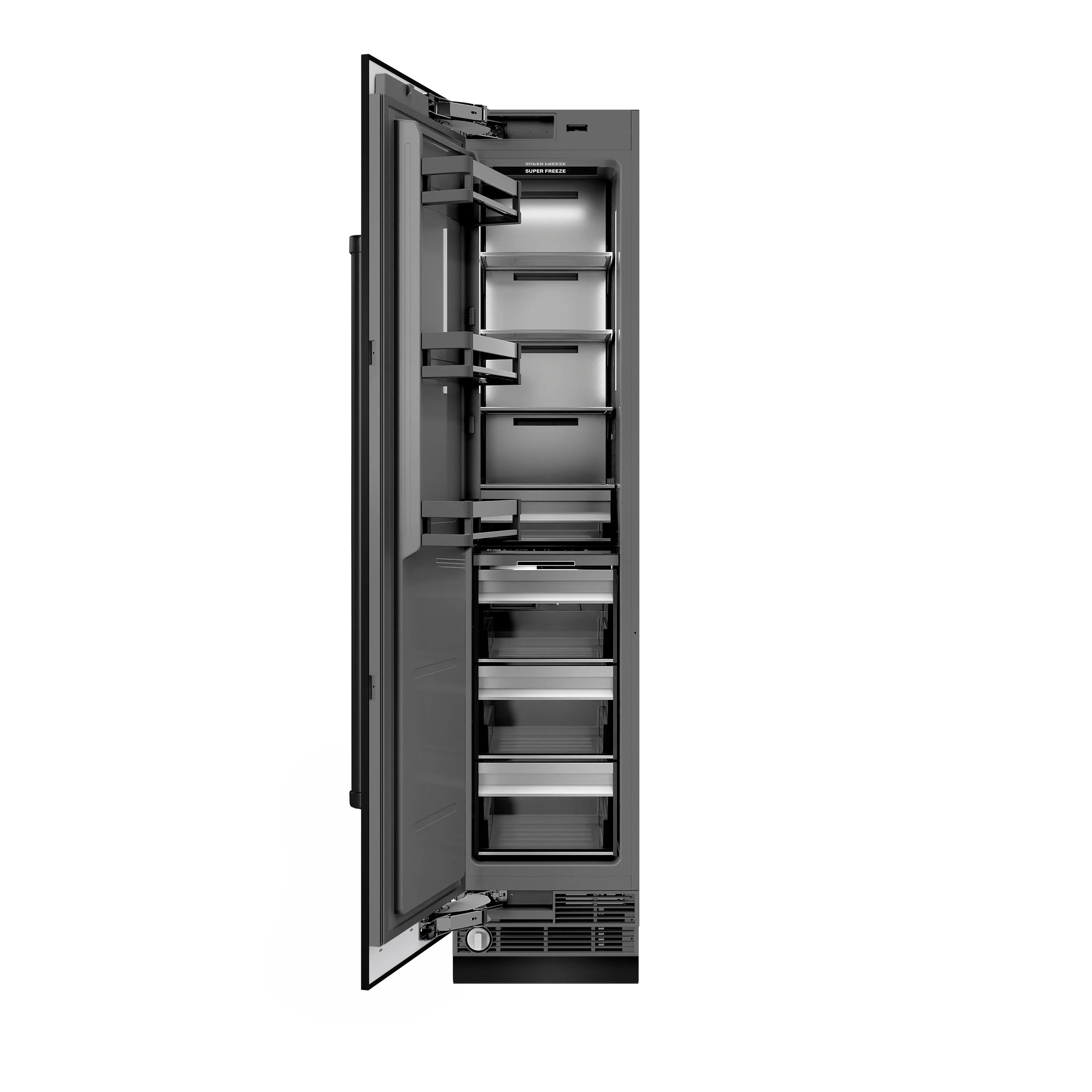 Open left-hinged column freezer door revealing gray interior shelves and bins