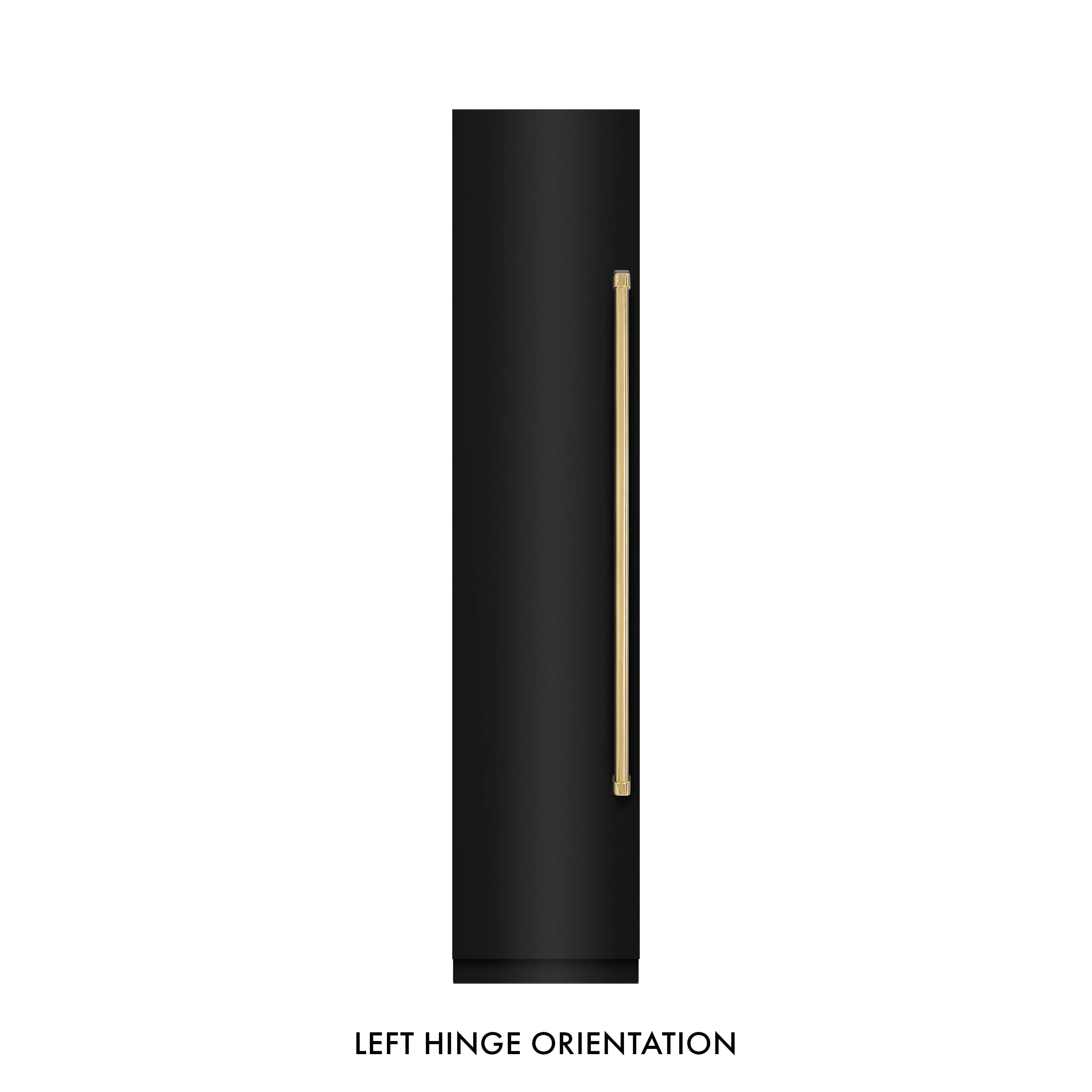 Black stainless freezer showing left-hinge orientation with polished gold handle